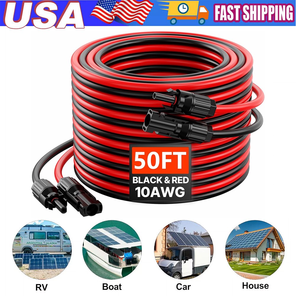 1 Pair 50FT Solar Panel Extension Cable Wire Solar Connectors 10 AWG Gauge Cable