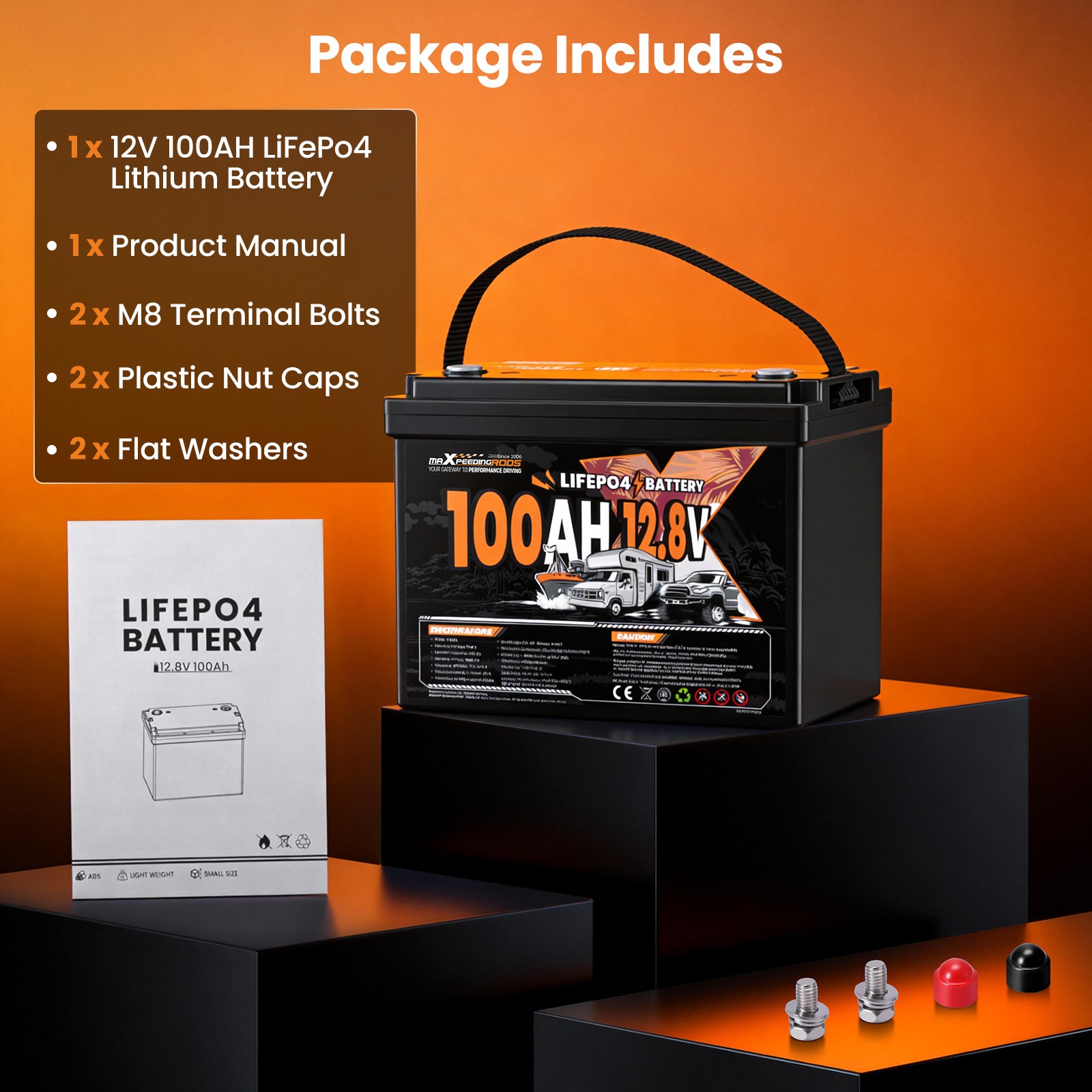 Marine Boat Battery 12V 100Ah LiFePO4, Built-in BMS, Expandable 20.48kWh