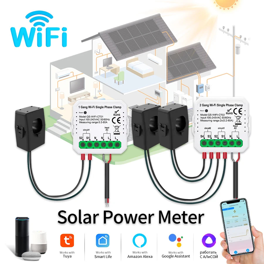 Tuya Smart Wifi Solar Power Energy Meter 80A with Clamp Bidirectional App Monito