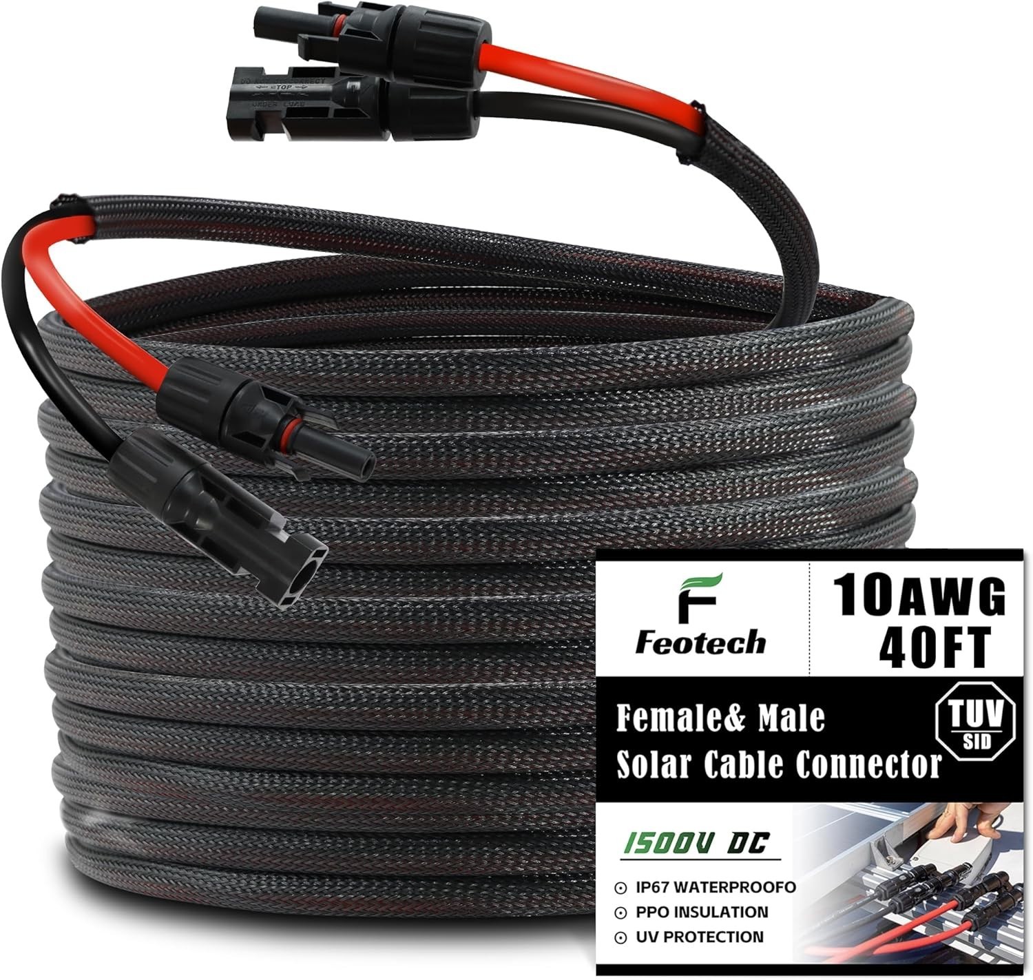 Durable 40ft 10AWG Solar Extension Cable, 6 Pairs MC4 Connectors, Braided Sleeve