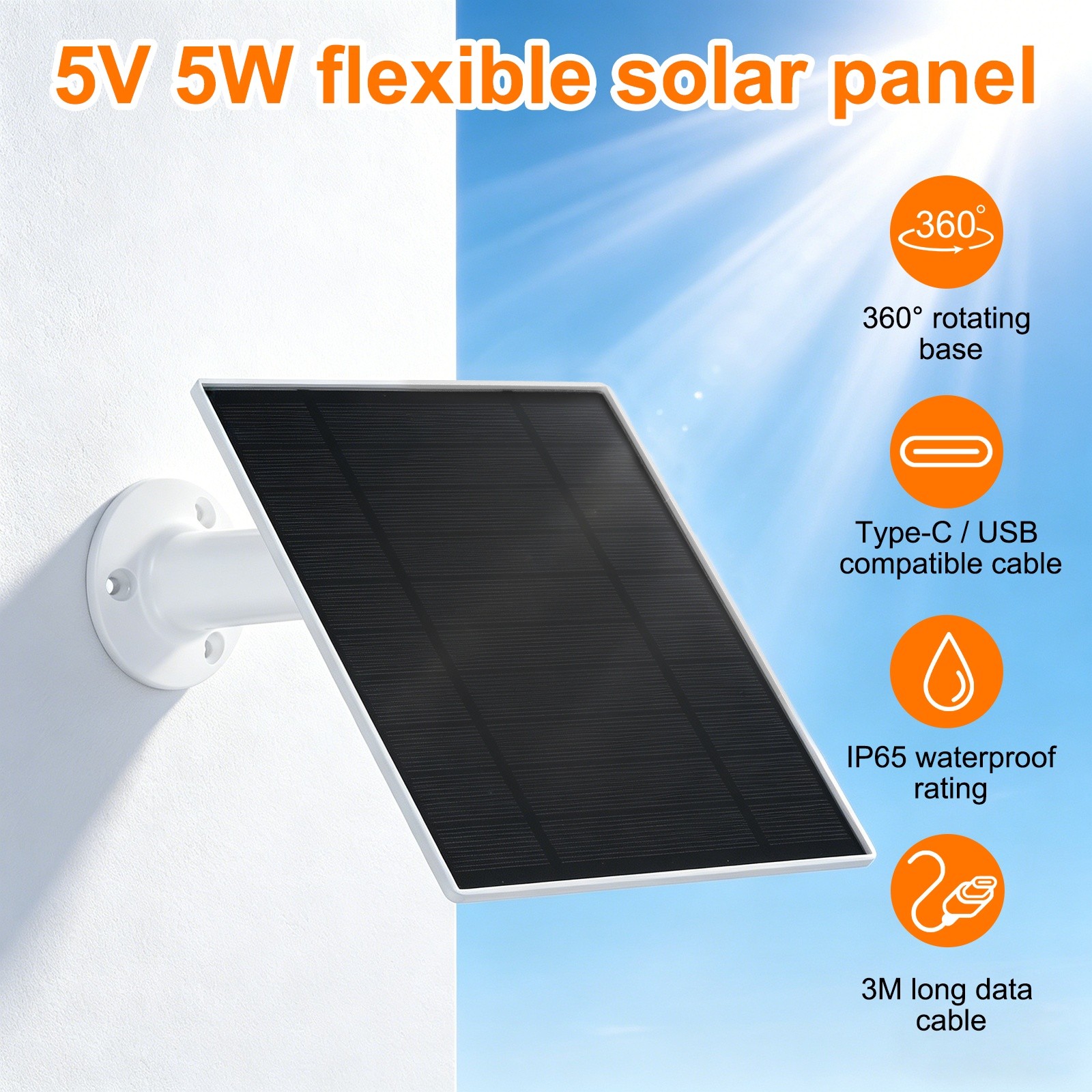 2 Pack of 5V 5W Solar Panel, Waterproof Dual Type-C/USB Solar Charger, White