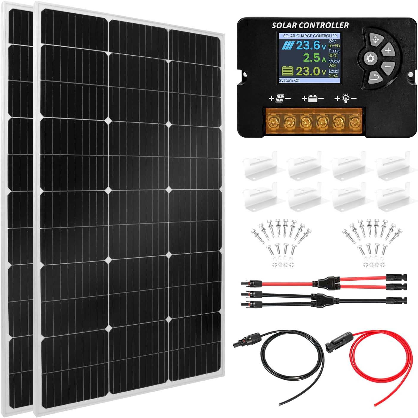 100W Monocrystalline Solar Panel Kit with 30A Controller – 2 Pack