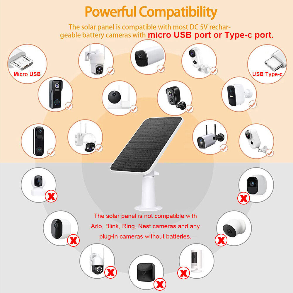 2Pcs 5V Solar Panels For Wireless Camera for Eufy Eufycam Cam Micro USB & Type C