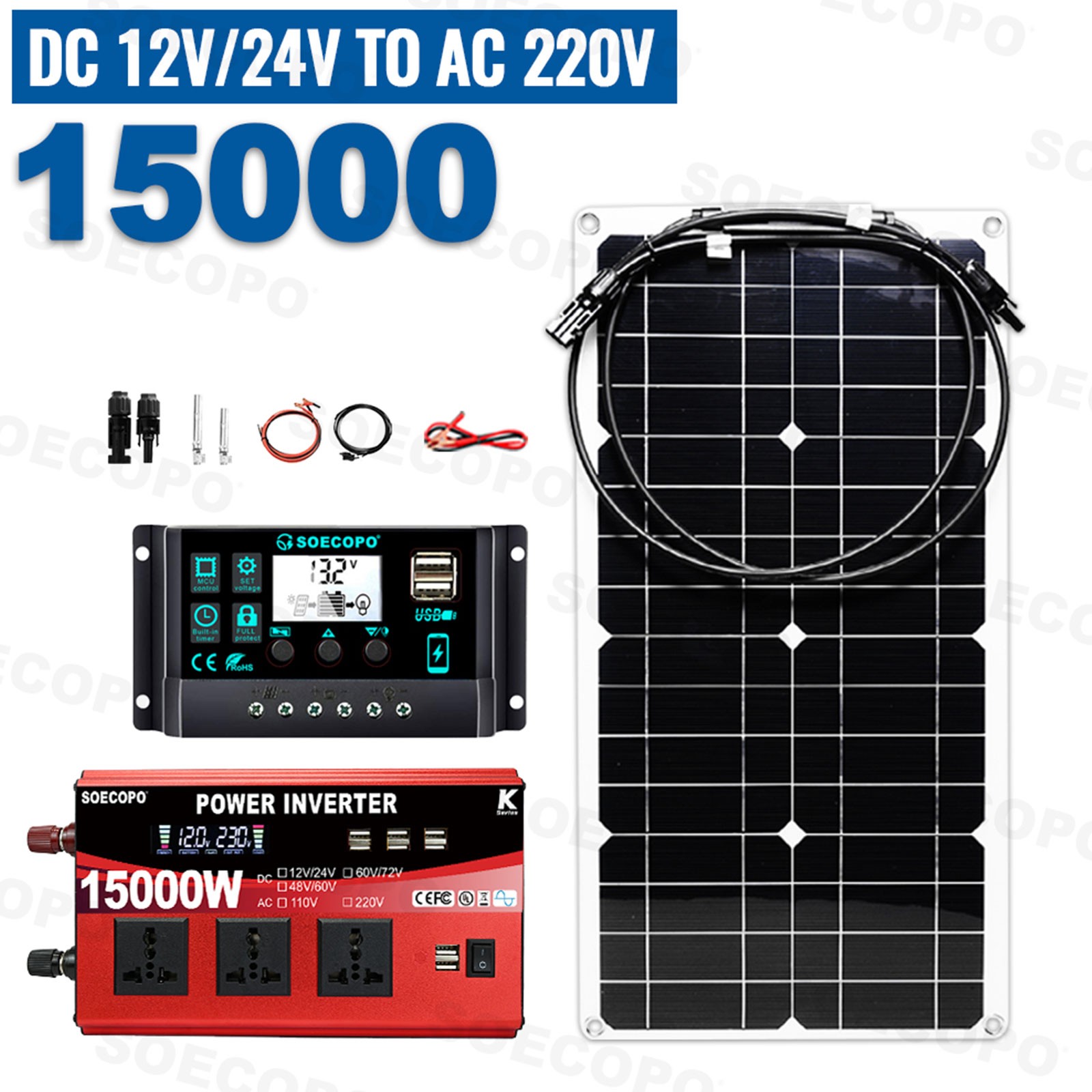 15000W Peak Solar System Kit 12V/24V To 110V 220V Inverter Generator for Camp