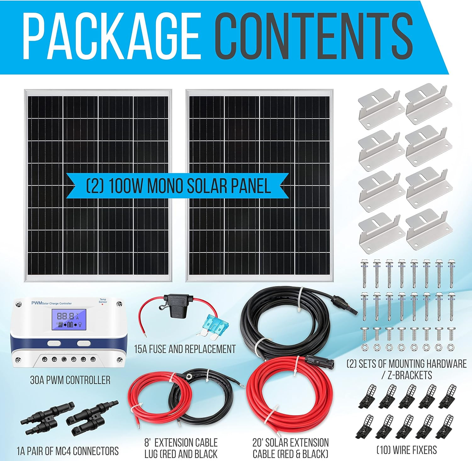 Serenelife 200 Watt 12V Portable Solar Starter Kit with 2 Pcs 100W Monocrystalli