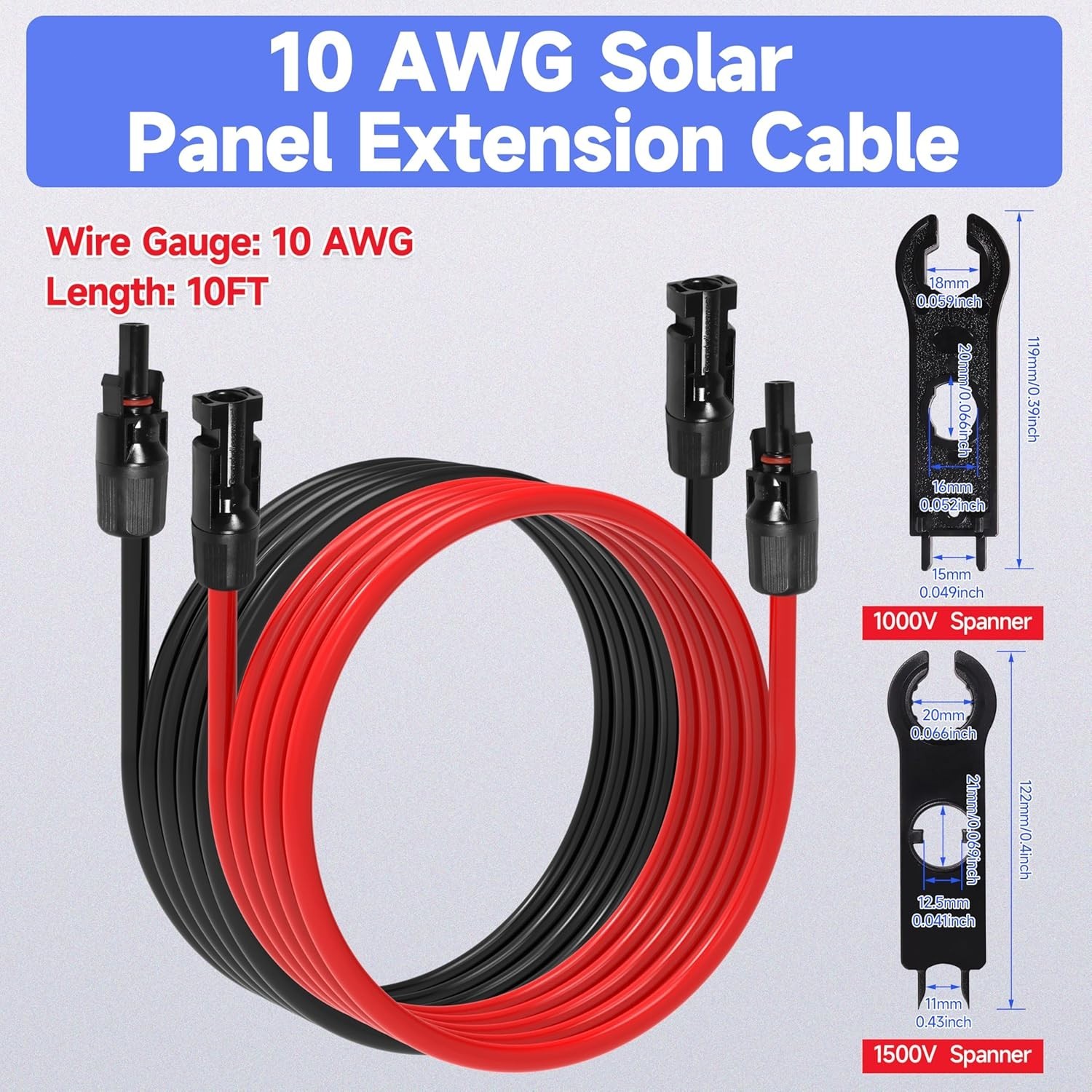 10 FT 10AWG Black+Red Solar Panel Extension Cable w/ Female & Male