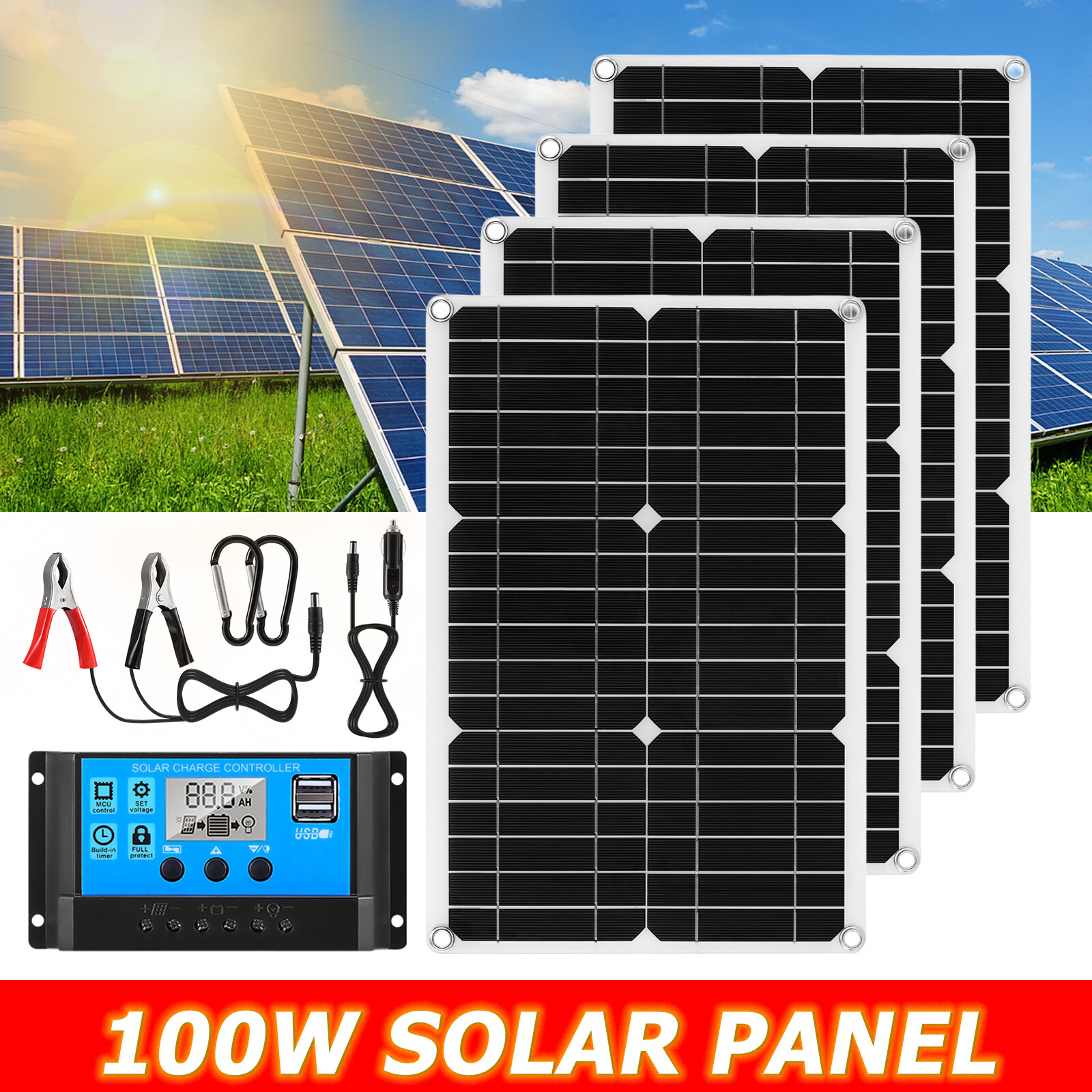 1-10 PCS 100W Solar Panel 12V Mono Home RV Rooftop Camping Off-Grid Power LOT