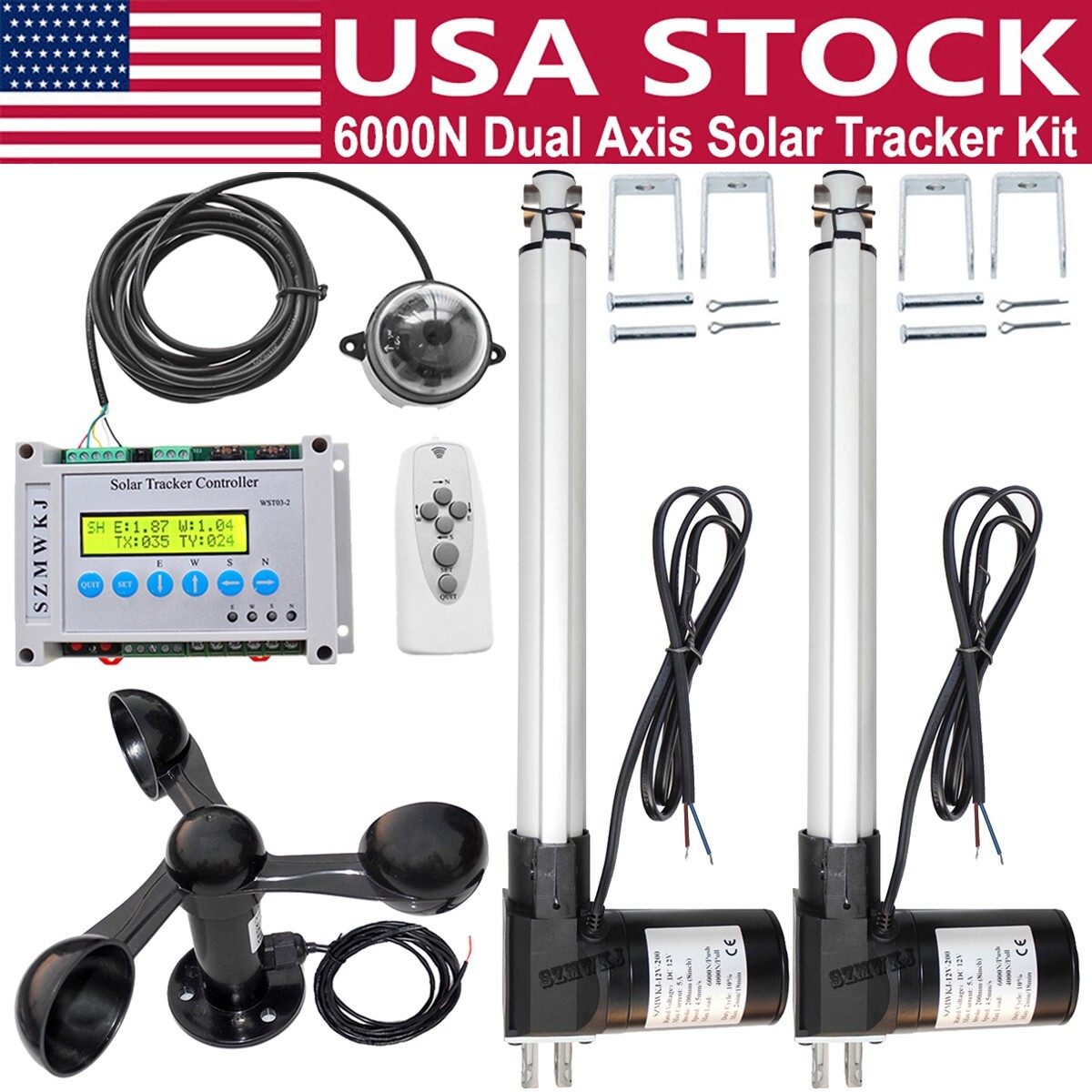 6000N Dual Axis Solar Tracker + 2X16” Linear Actuators +Controller +Wind Sensor