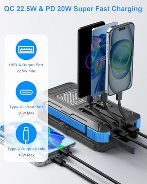 Solar Charger Power Bank 49800mAh with 4 Built-in Cables & 3 Foldable Panels,