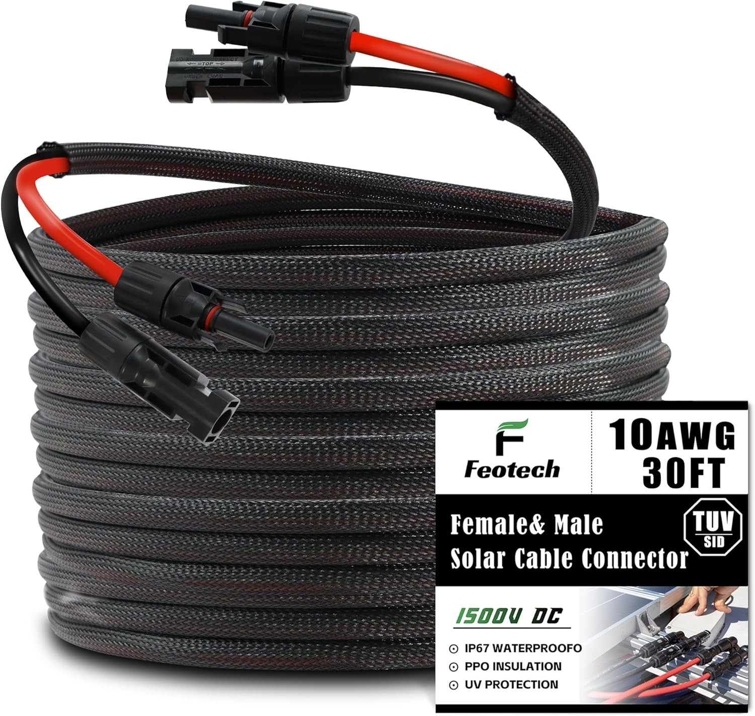 Twin Wire 30FT Solar Extension Cable 10AWG 6mm2 IP67 Male Female Connectors