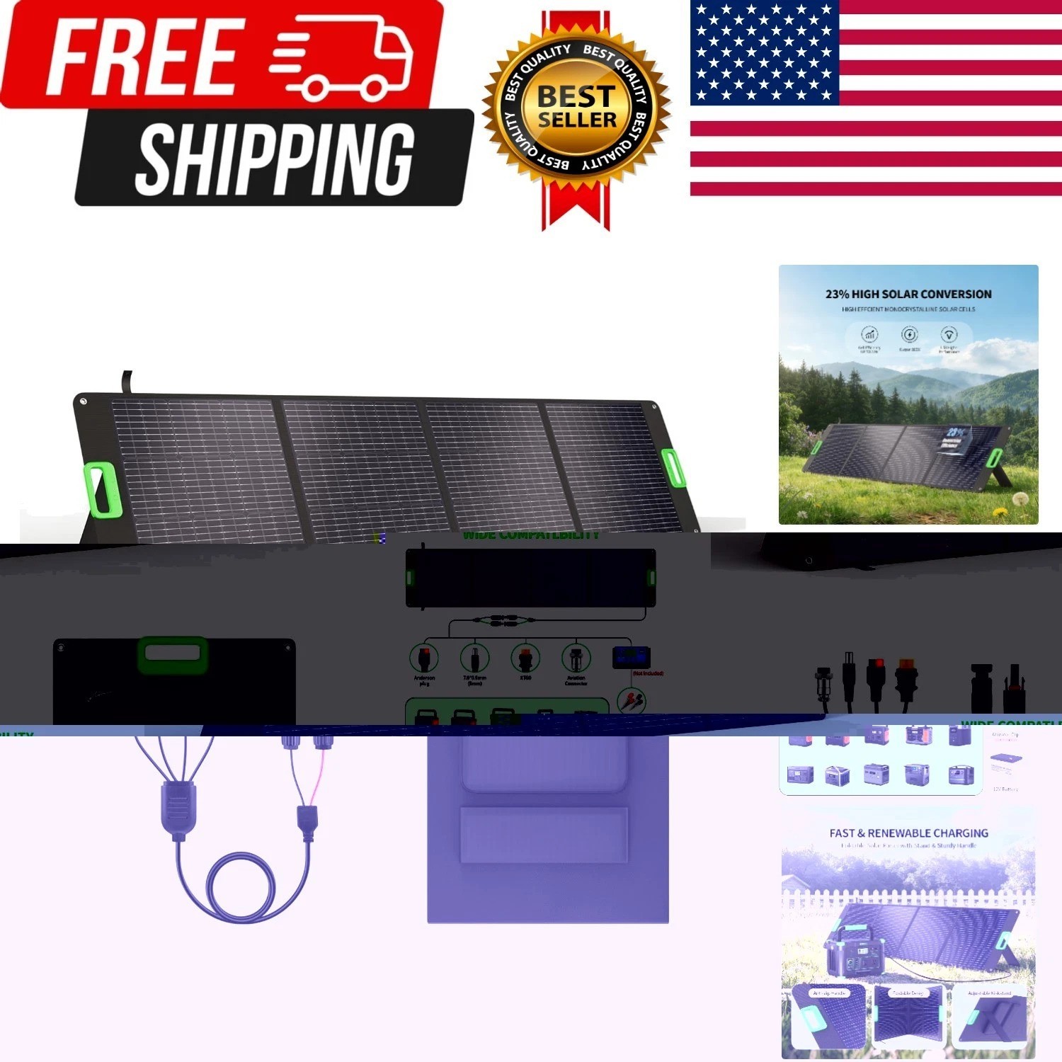 200W Portable Solar Panel for Power Station, Foldable Solar Charger w/ 4 Kick…