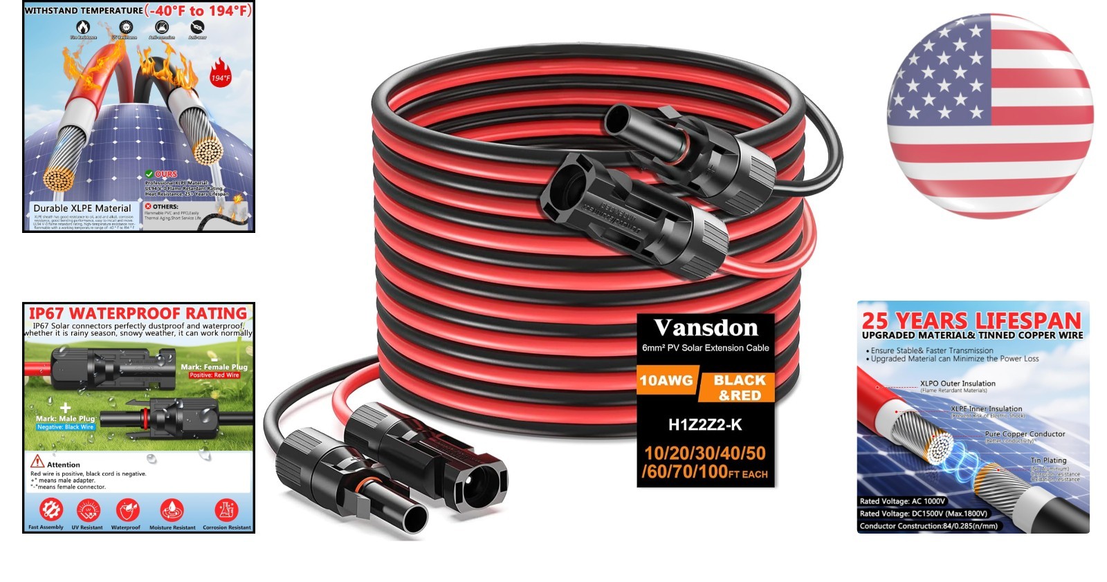 10AWG 50 Feet Solar Cable with Connectors – Ideal for RV and Outdoor Use
