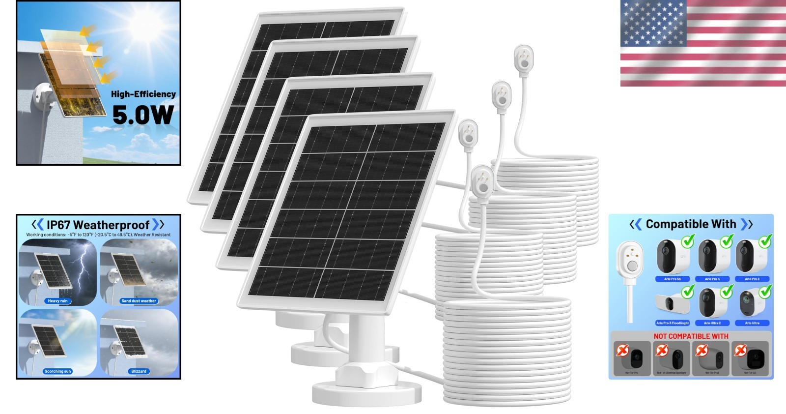 High-Efficiency 5W Solar Panel for Arlo Camera, 4 Pack