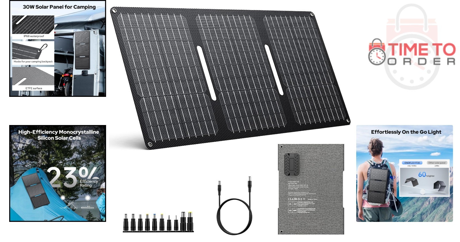 30W Foldable Solar Panel-Charger Waterproof Monocrystalline USB DC Output Cam…