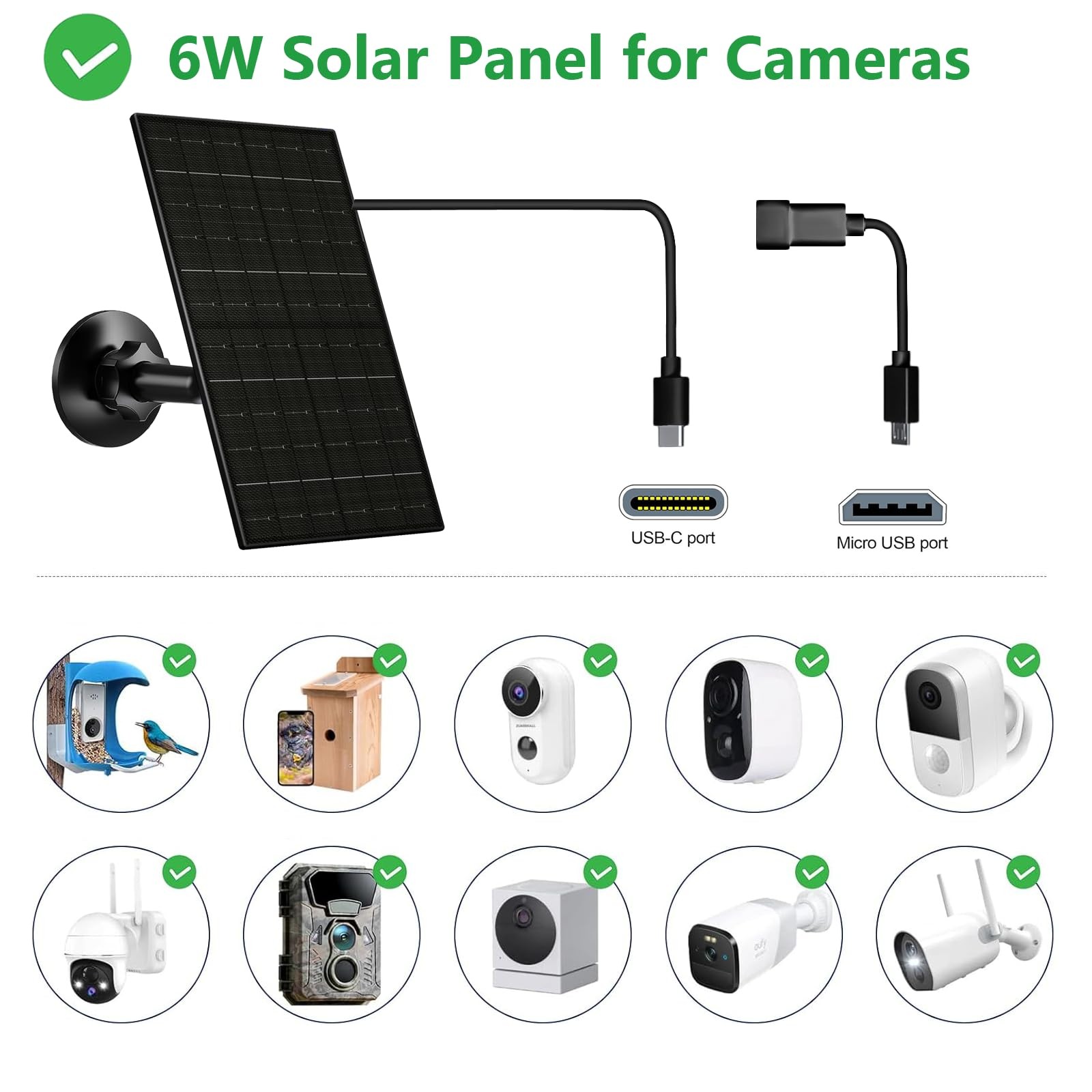 6W Security Camera Solar Panel, 5V USB-C/USB Solar Charger Compatible with Re…