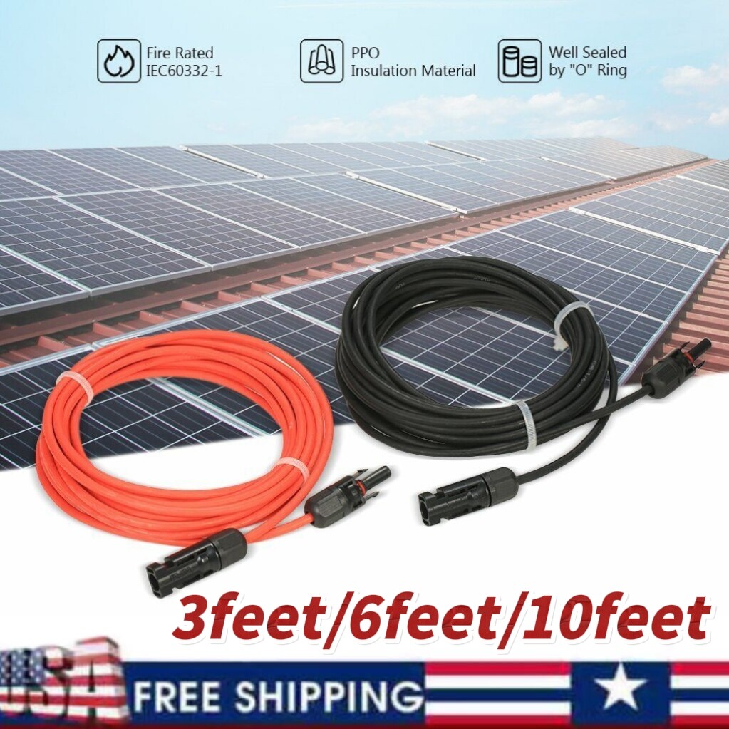 Black+Red 10 AWG Solar Panel Extension Cable Silicone Flexible Wire Connectors