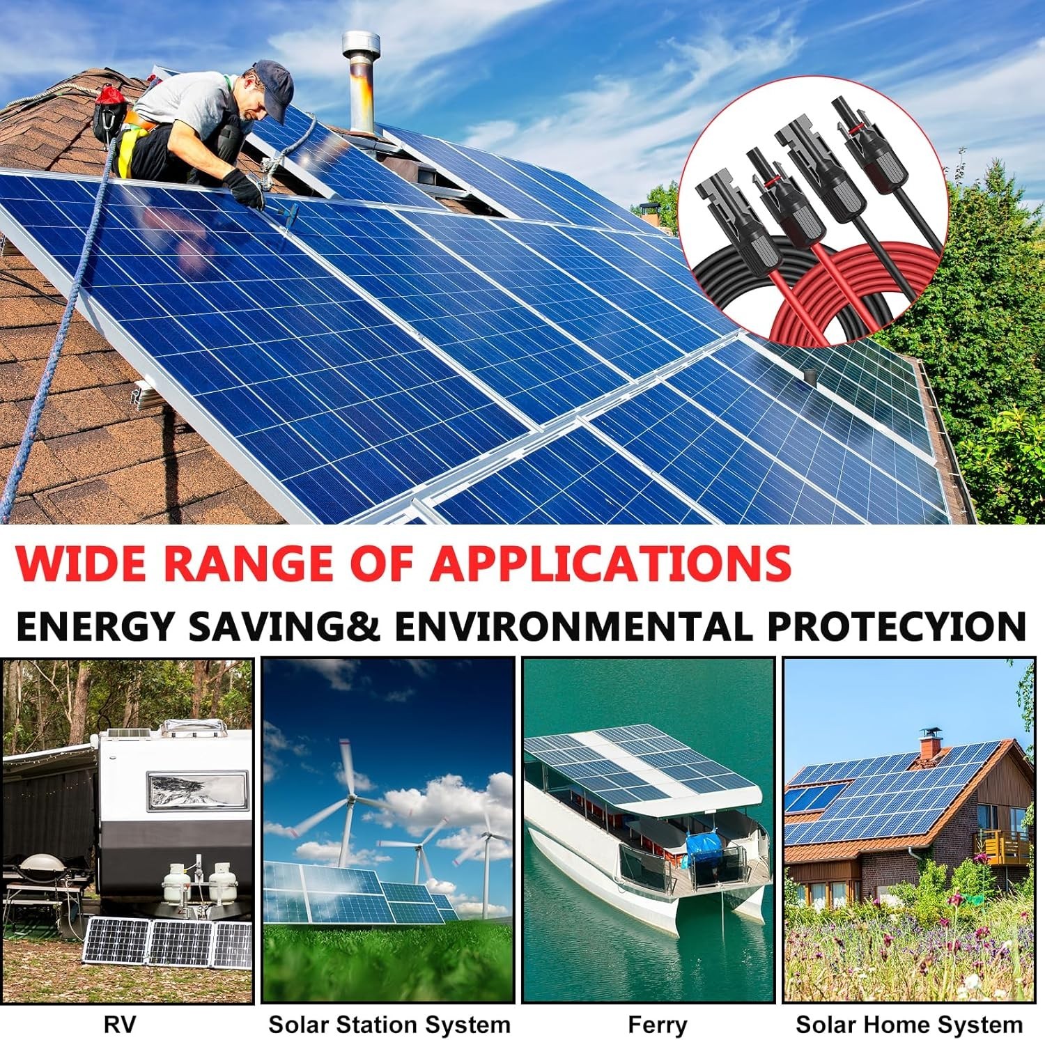 2×30 Feet Solar Panel Extension Cable- 10AWG Solar Cable Solar Panel Cable wi…