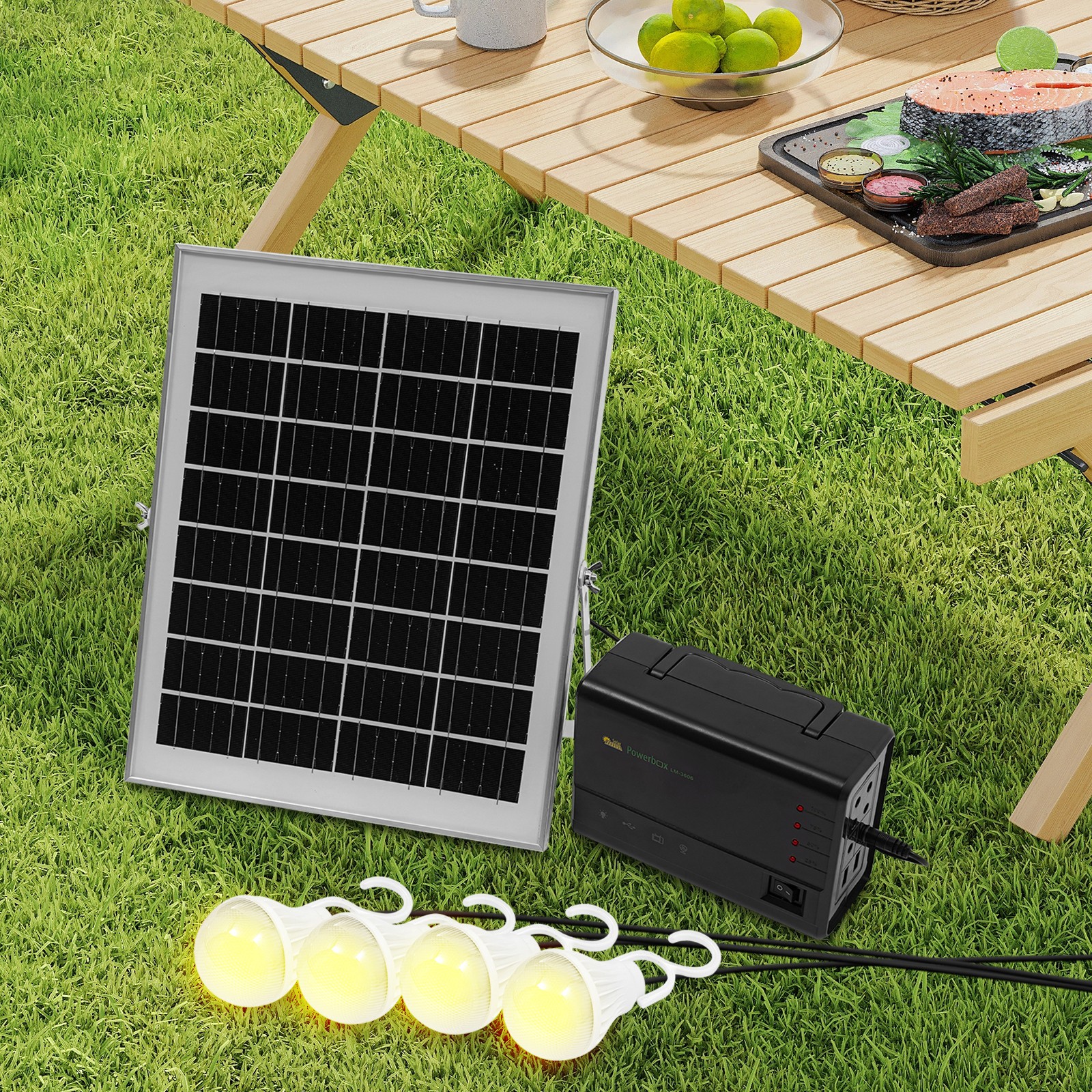 12V Solar Panel Power Generator Kit Battery Pack Power Station USB w/ 4 Bulbs