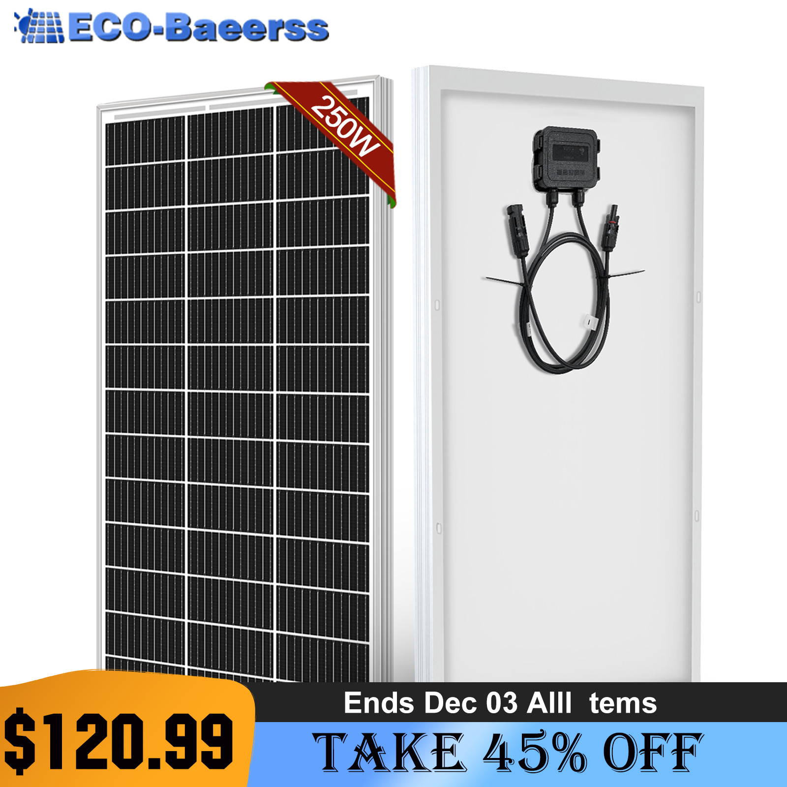 250W 12V Mono Solar Panel 12BB Power RV Camping Home Boat Camp Off Grid Charger