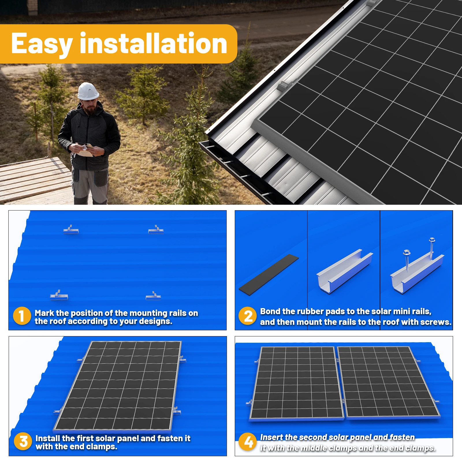 Solar Panel Mount Bracket Kit 120mm Rails Middle End Clamps Rubber Pads Roof