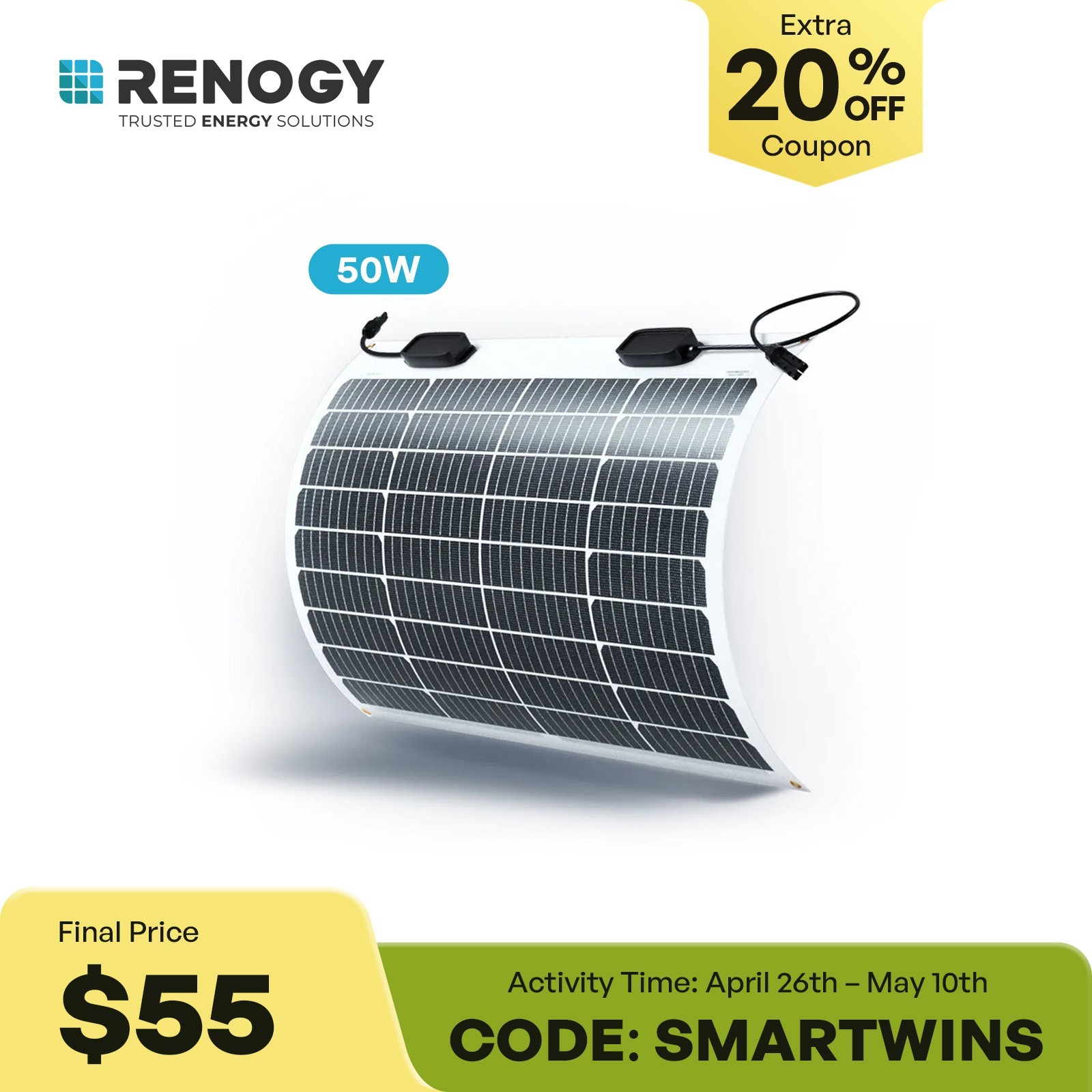 Renogy 50W Flexible Solar Panel Monocrystalline Module For 12V Battery RV Van