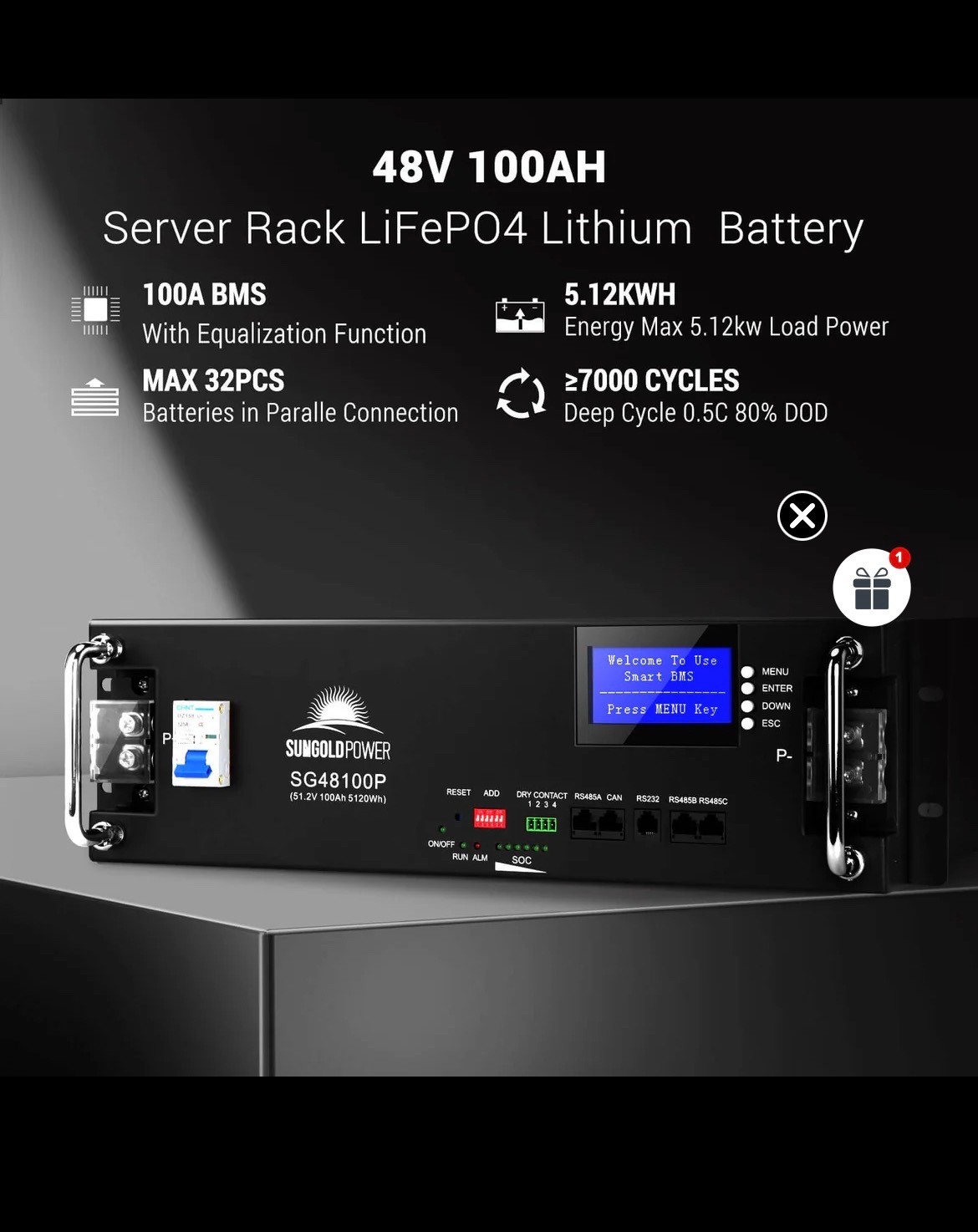 48V 100AH SERVER RACK LIFEPO4 LITHIUM BATTERY SG48100P UL1973 UL9540A