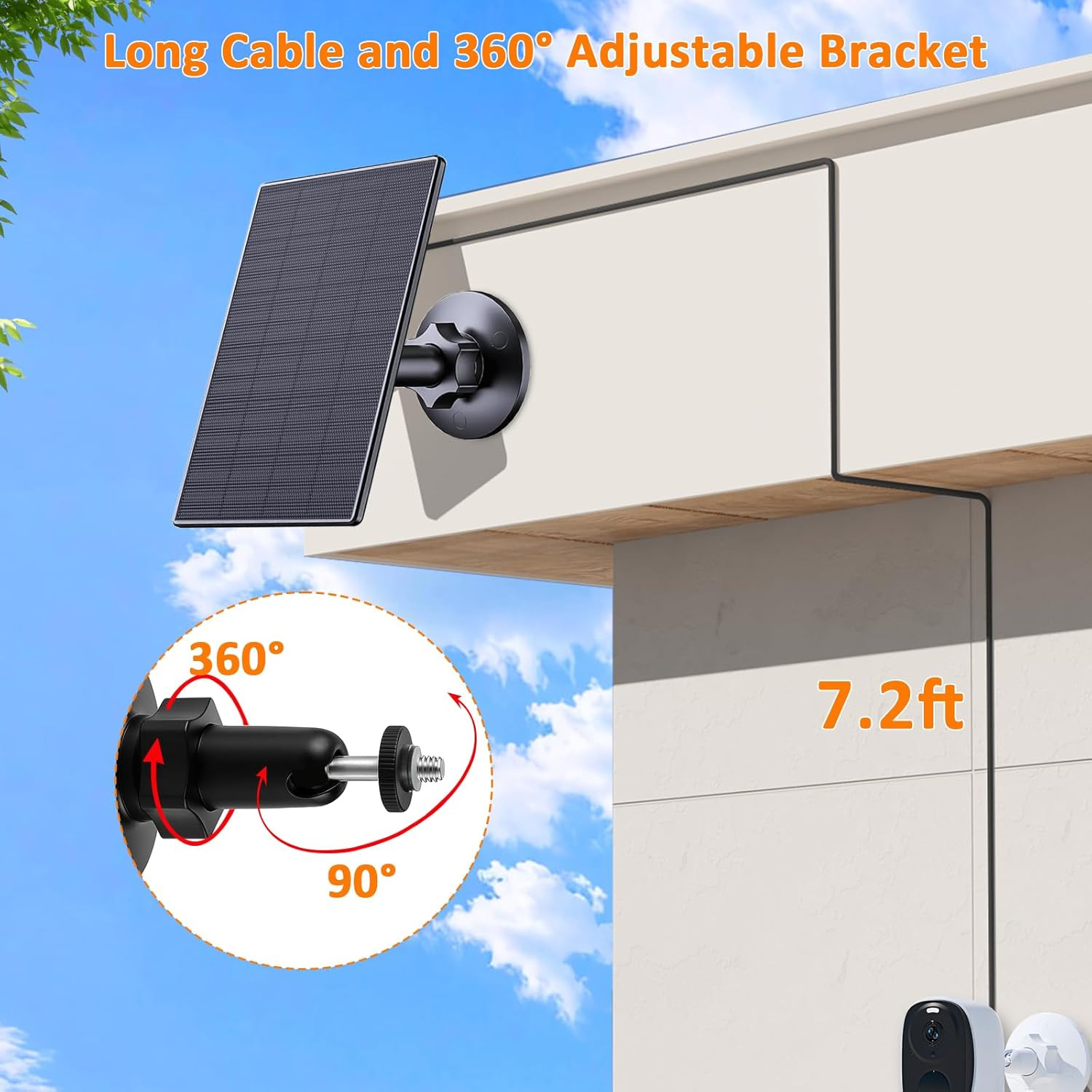 2W Solar Panel for Security Cameras, Solar Charger with Micro USB & USB-C Port f