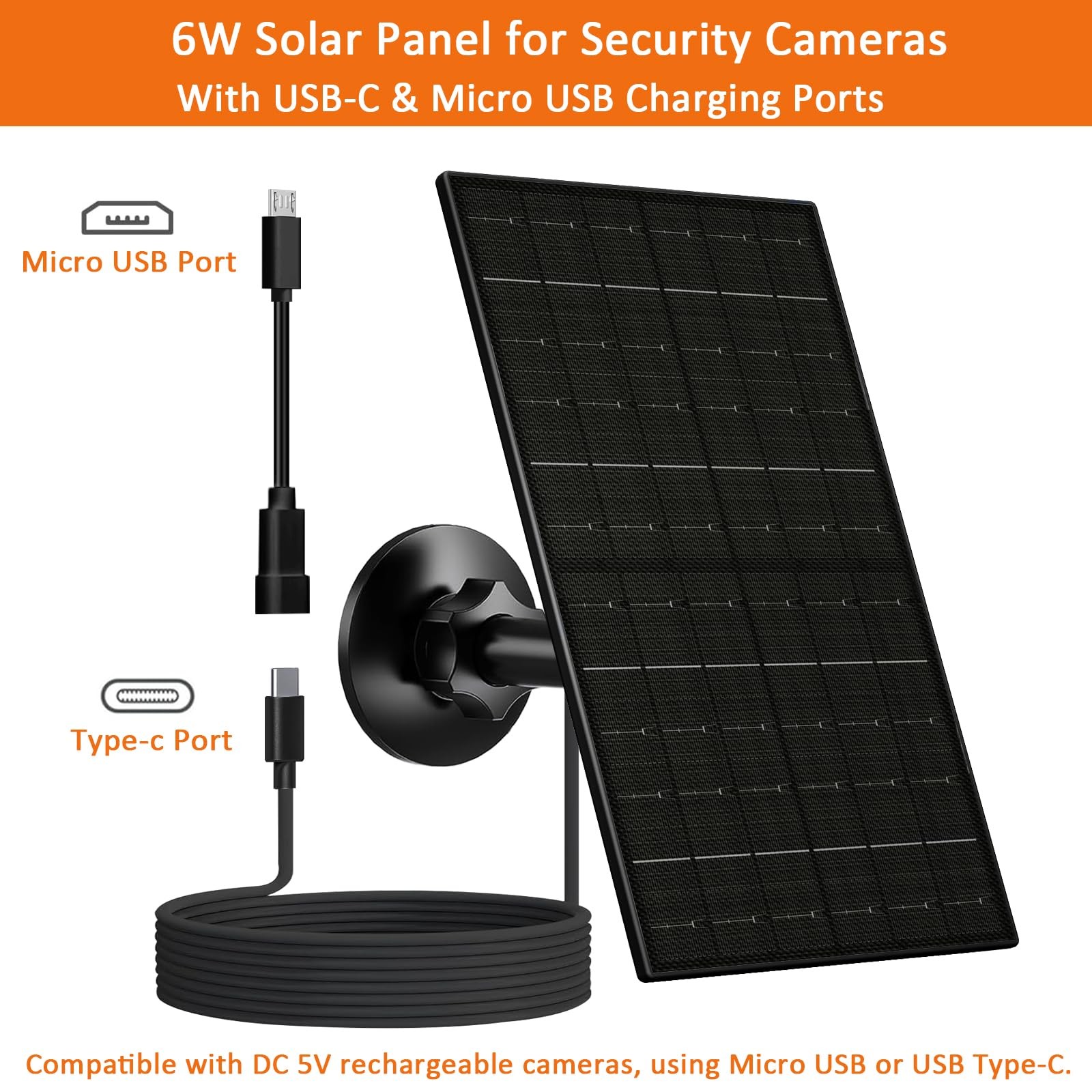 6W Solar Panel for Security Camera Outdoor, 5V USB/USB-C Solar Charger Compat…