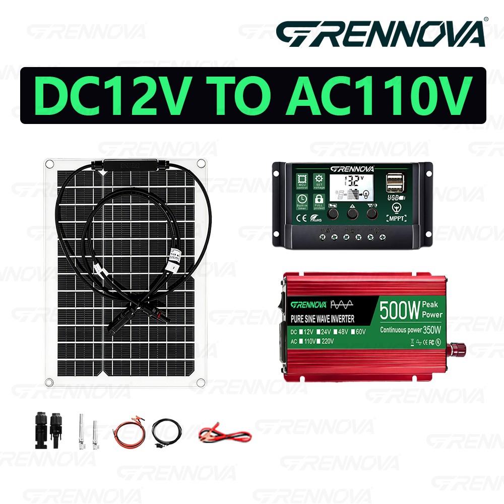 Grennova 500W Power Solar System Pure Sine 12V To 110V/220V Inverter 50W Panel