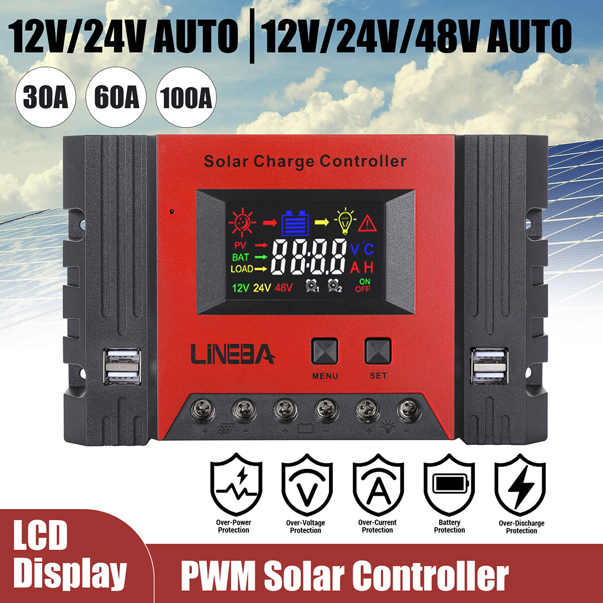 100 Amp MPPT Solar Charge Controller 48V 24V 12V Auto 4 USB LCD PV 50V Max Input