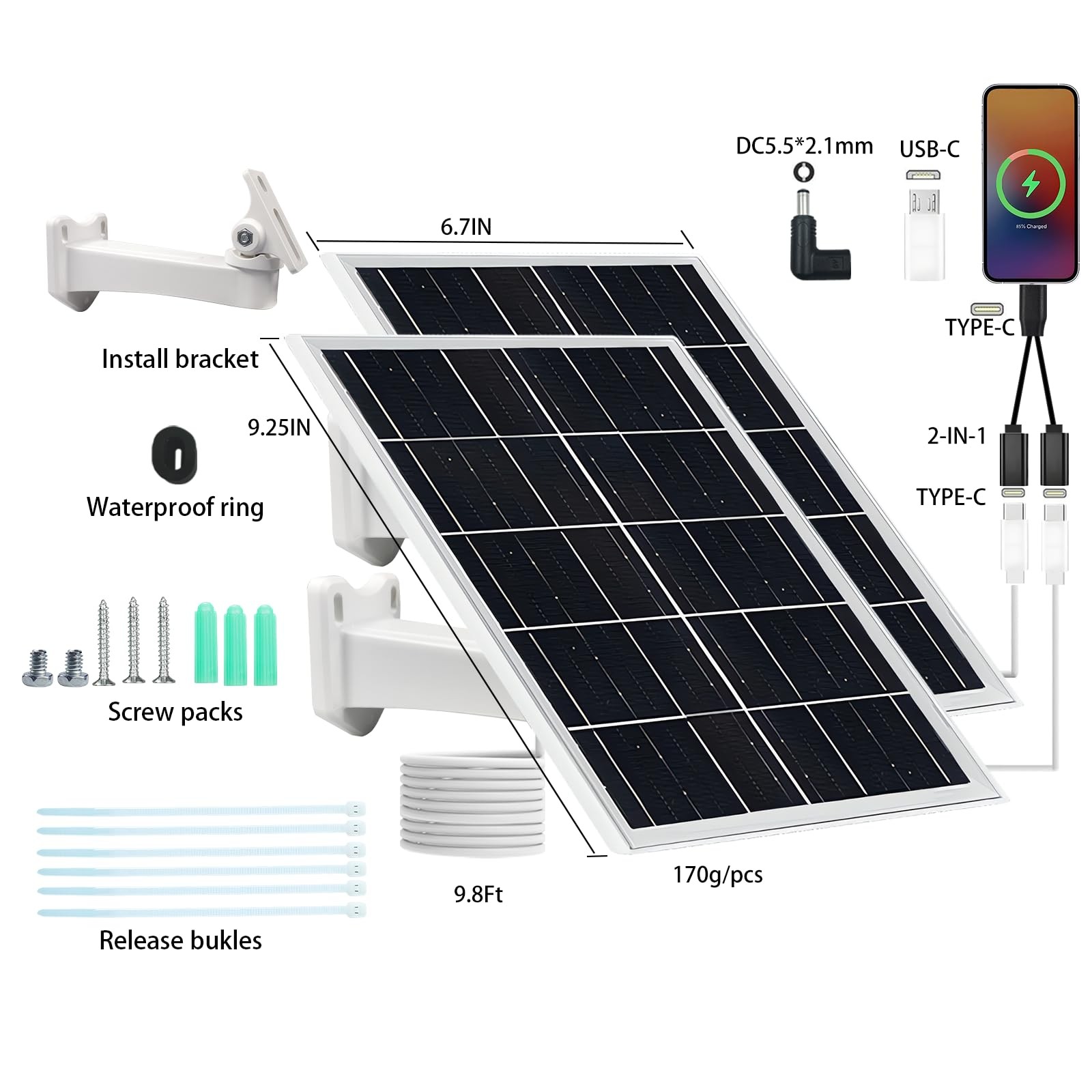5V 16W Solar Panel 2-Pack IP65 Waterproof with USB-C/Micro USB/DC Ports 9.8ft…