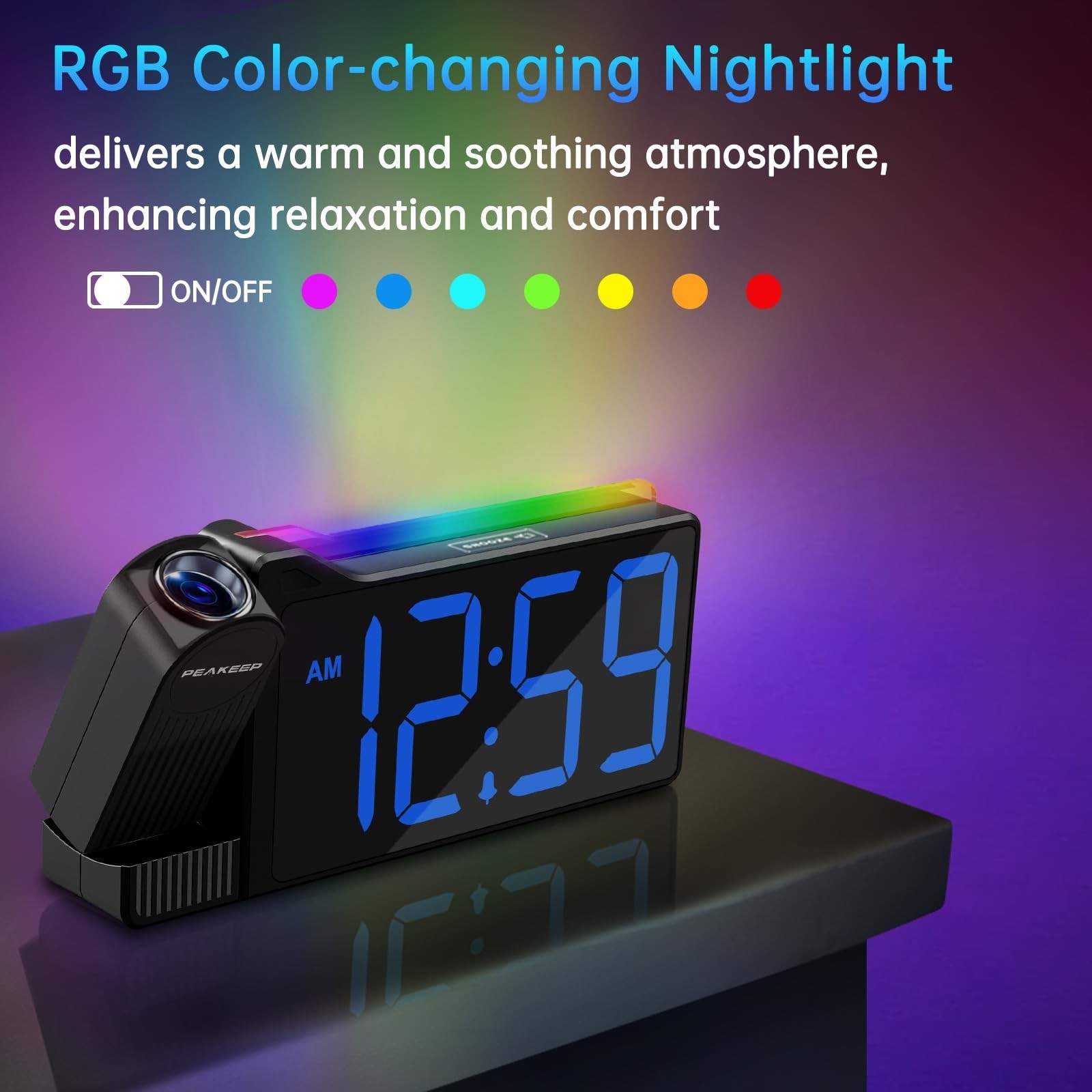Peakeep Projection Alarm Clock for Bedroom Ceiling 180° Rotatable, Loud for