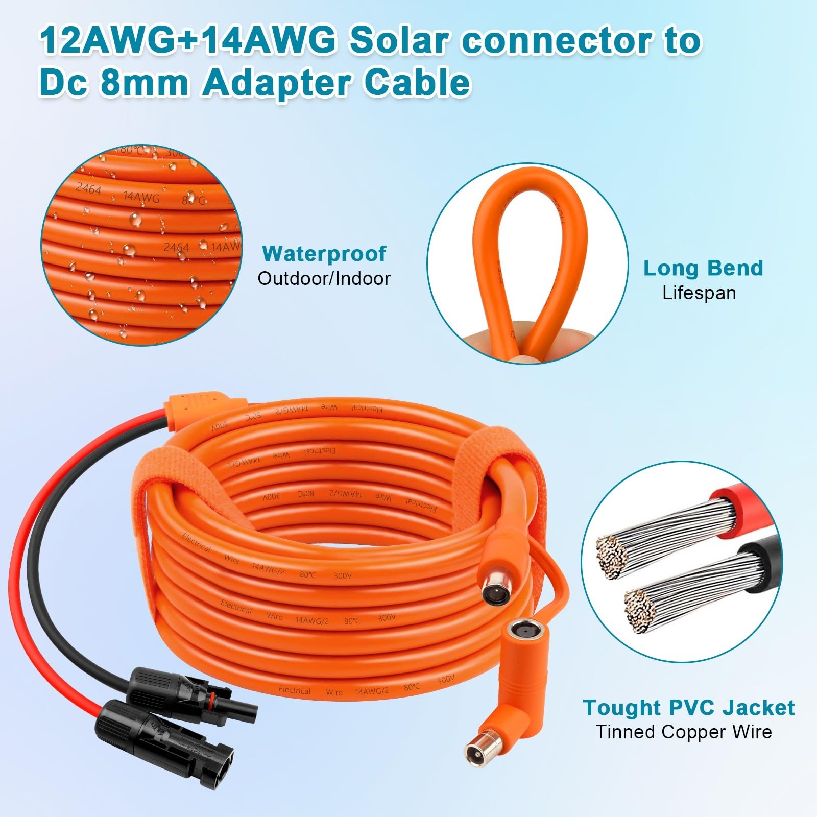 6FT Solar Panel DC 8mm Adapter Cable, Tinned Copper Wire, Compatible with Power
