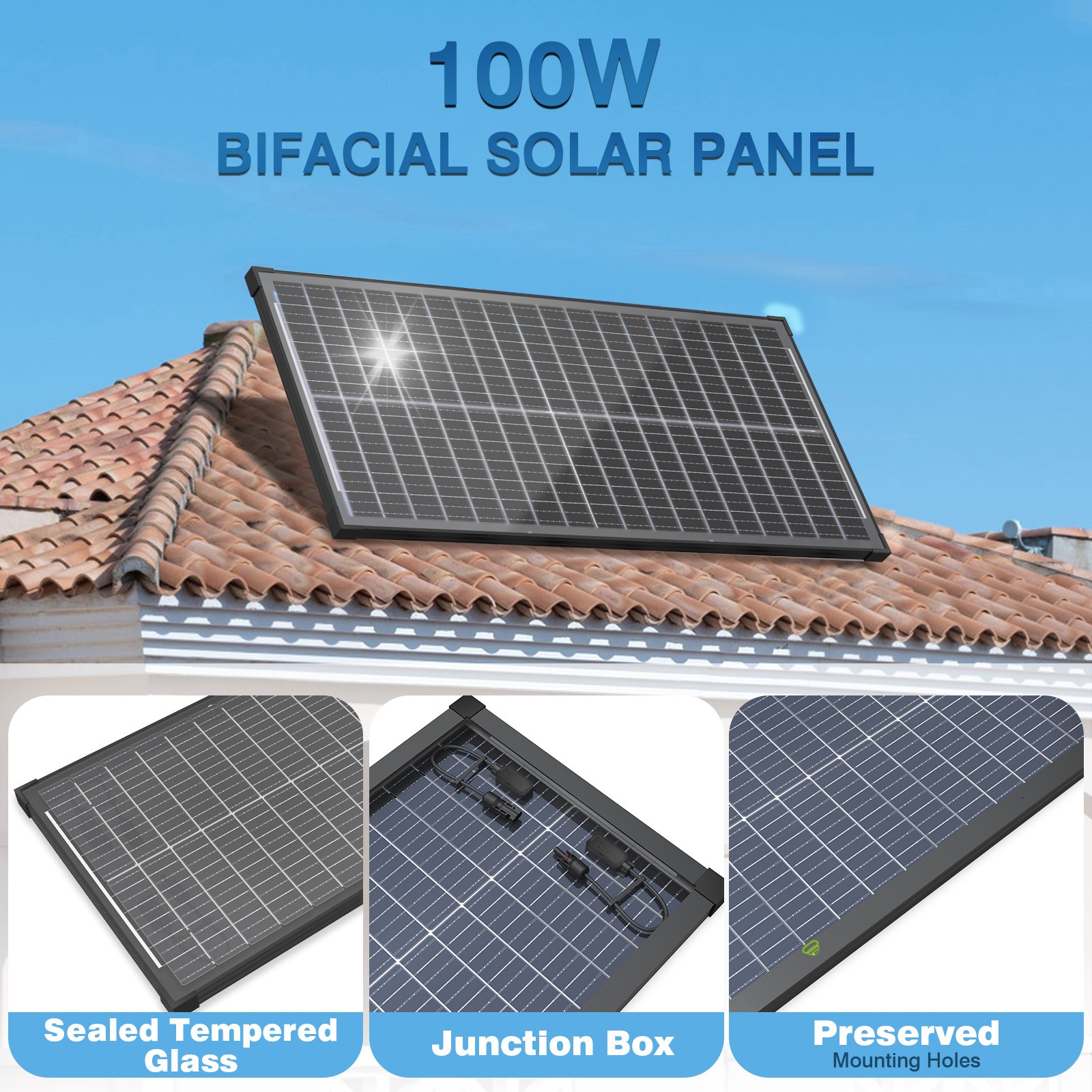 2Pack 100W Bifacial 200W Solar Panel Mono 18V 18BB N-Type PV Home RV Off Grid US