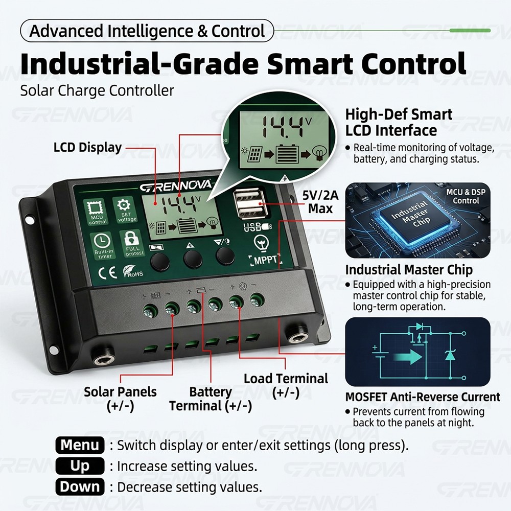 GRENNOVA 10A/30A/60A MPPT Solar Charge Controller—12V/24V auto,supports DC input