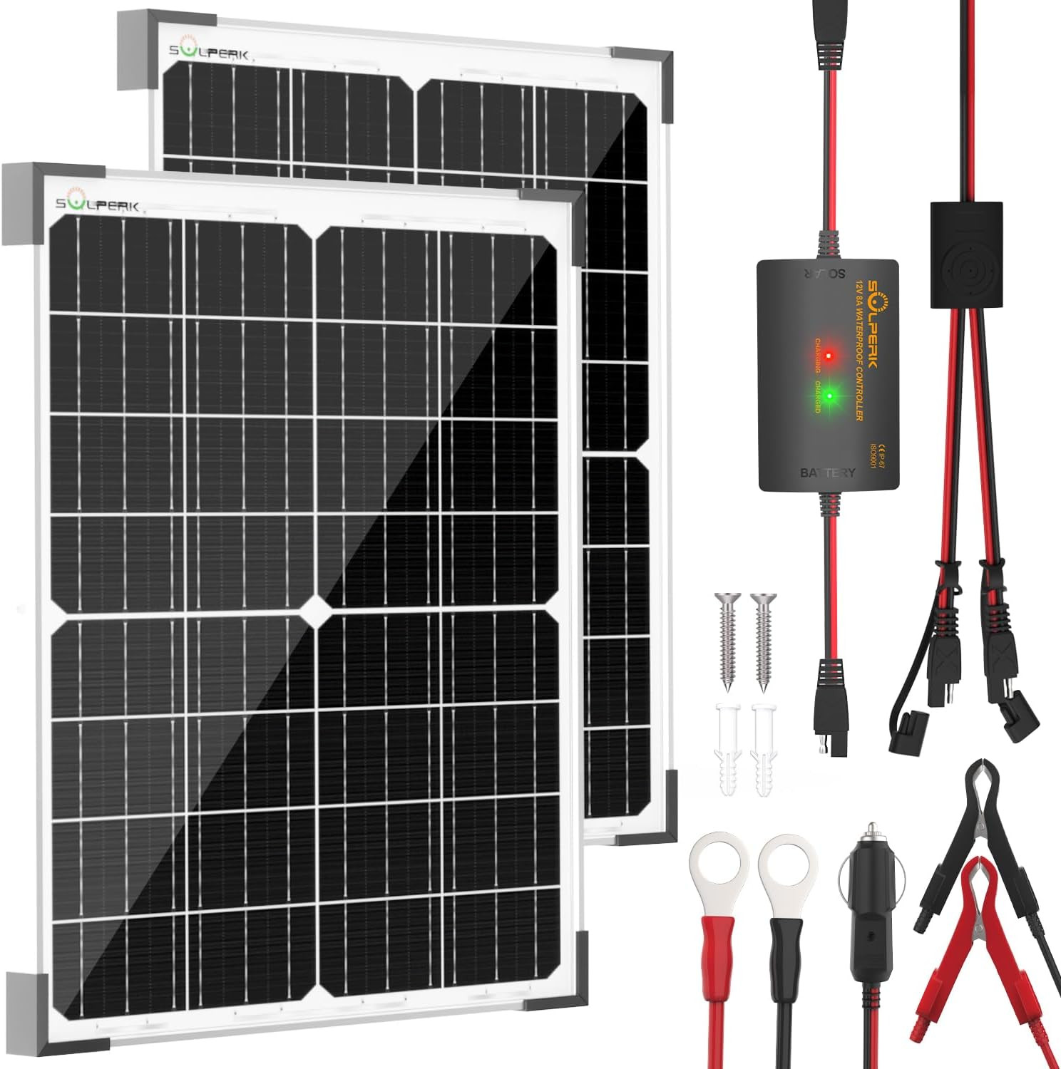 12V 50W Solar Battery Charger, 2Pcs 25W Solar Battery Maintainer+Waterproof 8A C