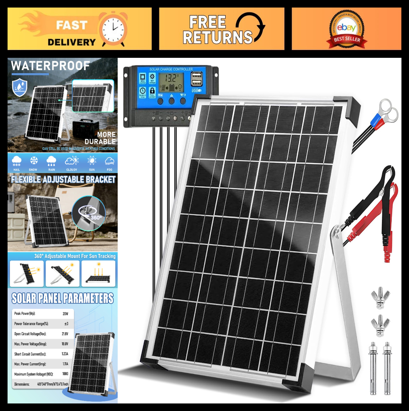 20W 12V Solar Battery Charger Kit | 10A PWM Controller & Adjustable Mount for RV