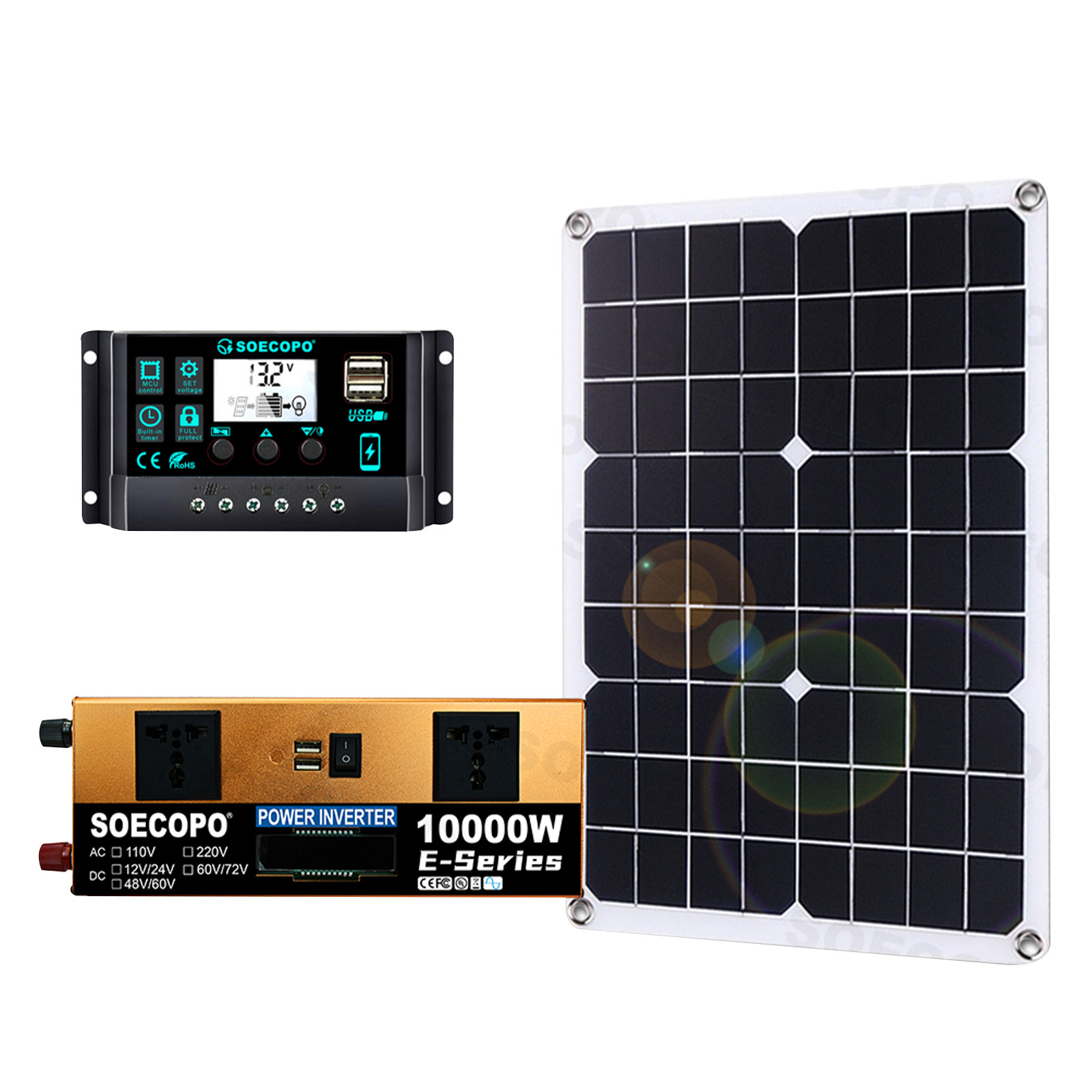 10000W Solar Kit 500W Panel 100A MPPT Controller DC Cable 12V/24V to 220V/110V7w