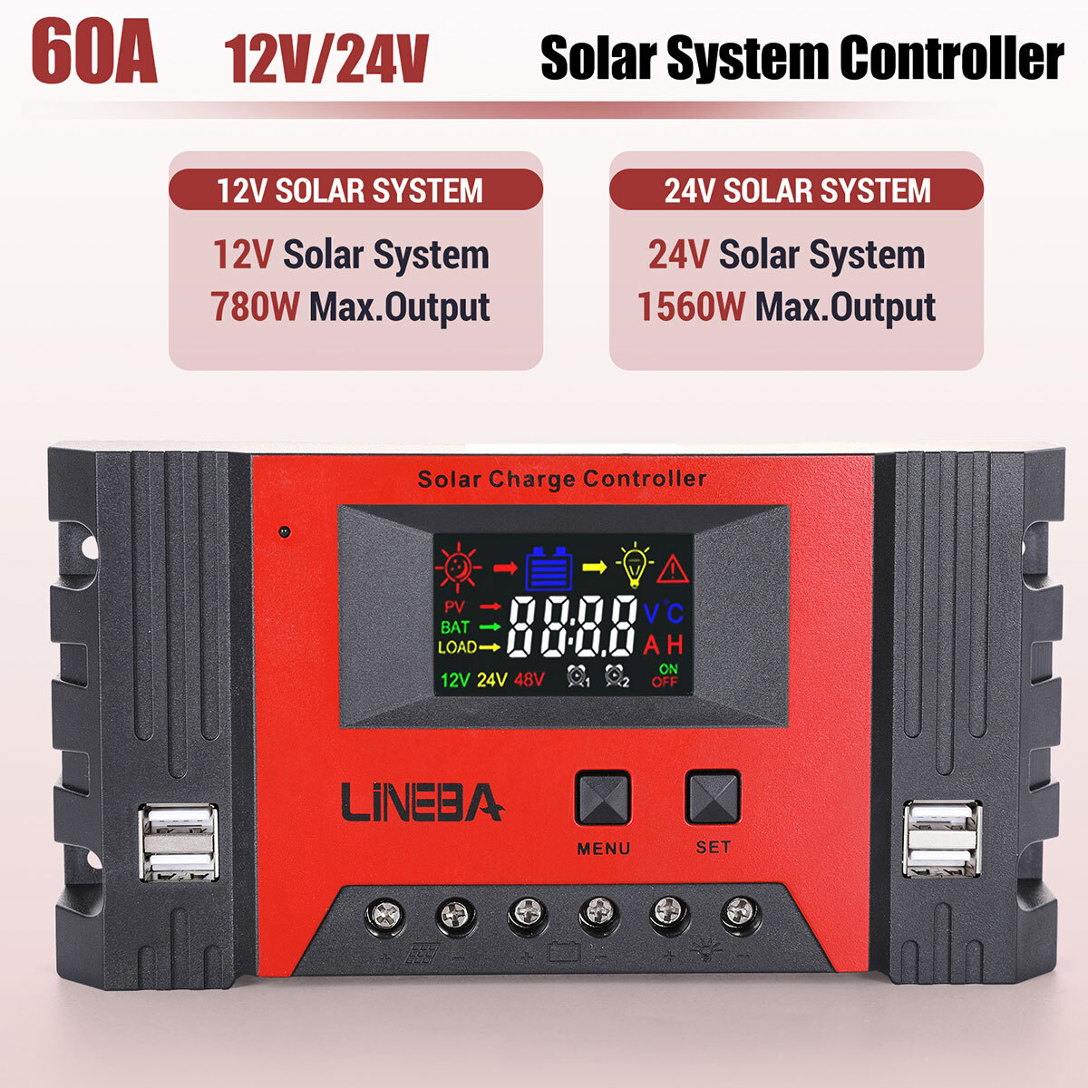 12V/24V/36V/48V 30-100A PWM Solar Charge Controller Panel Battery Regulator 4USB
