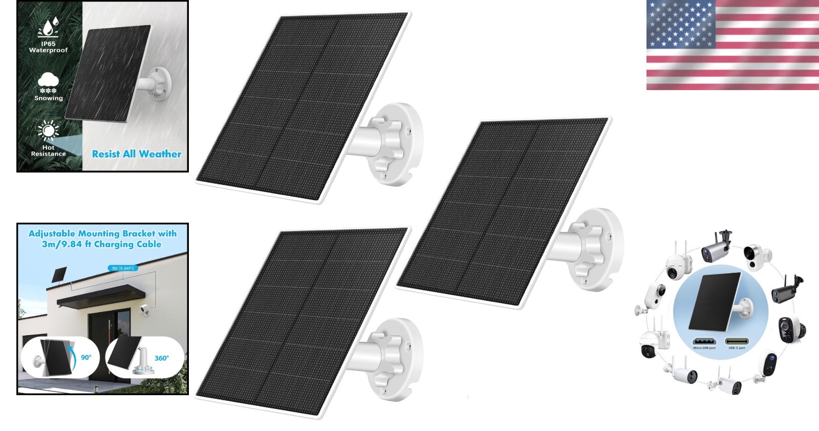 Outdoor Security Camera Solar Panel Charger, 5W, USB C/Micro USB, Waterproof