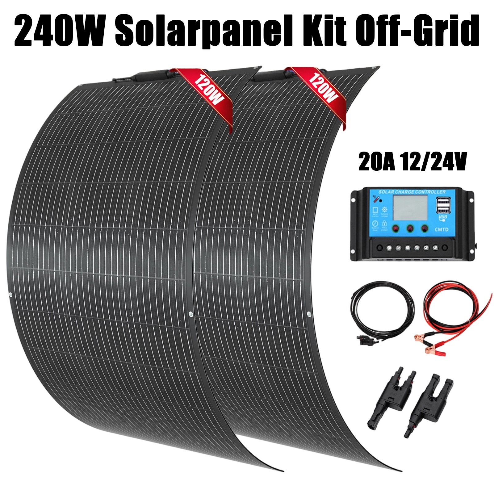 2PCS 120W Flexible Solar Panel Kit 12V Controller Off Grid Camping Boat Battery