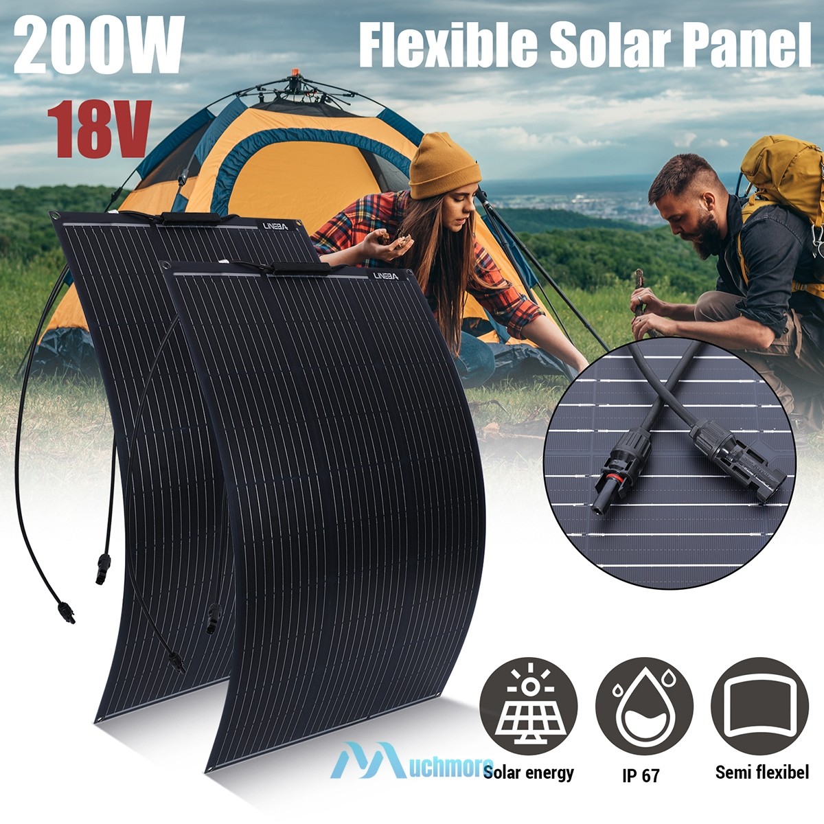 200W 2*100W Flexible Mono Portable Solar Panel 18V IP68 for Home/Caravan/RV/Boat