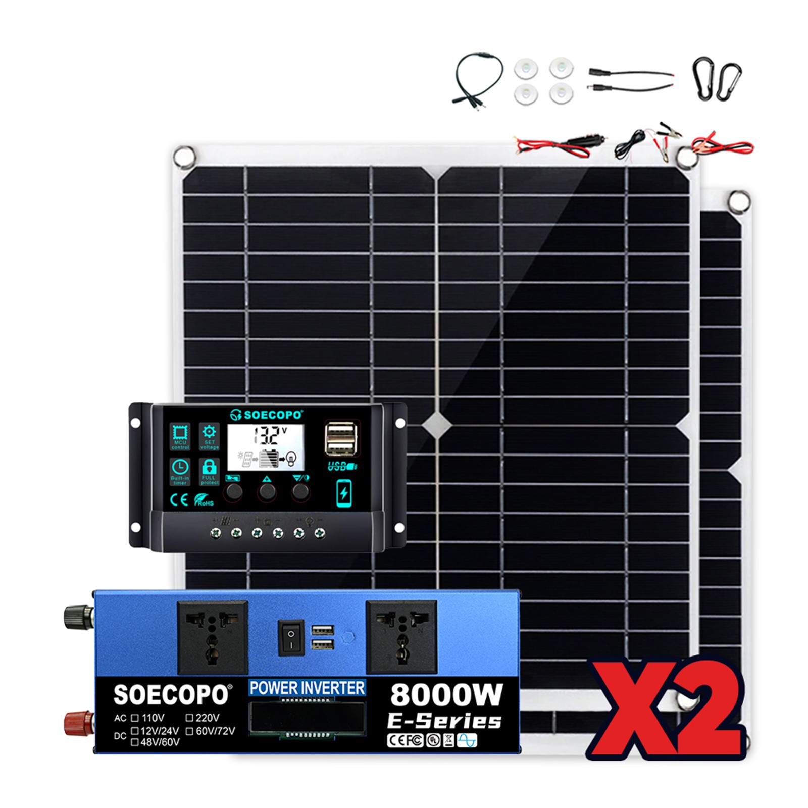 8000W Solar Inverter Kit (12V24V DC to 110V/220V AC) + 2pcs Solar Panels + 100A