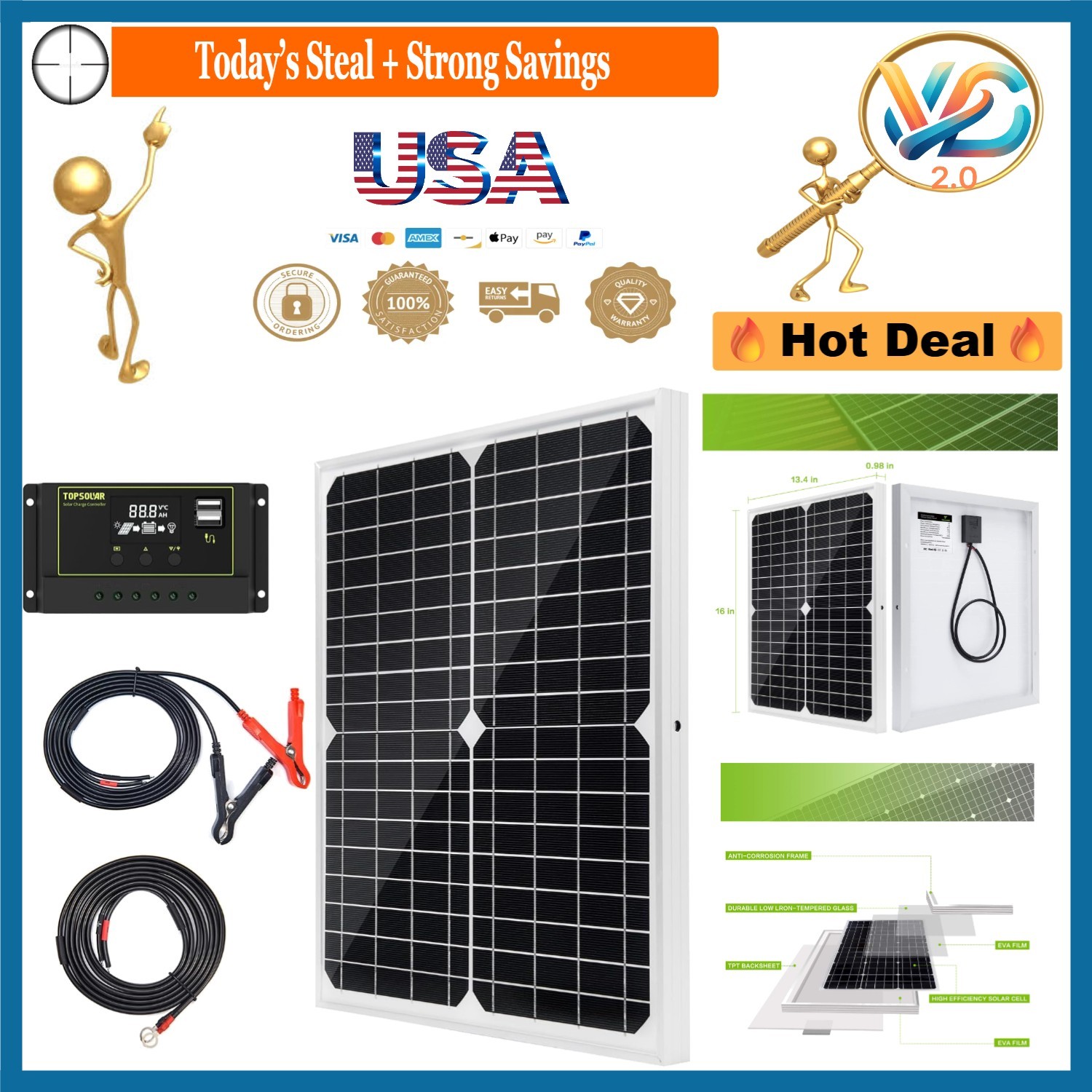 20W Monocrystalline Solar Panel Kit with 10A Charge Controller for RV Boat
