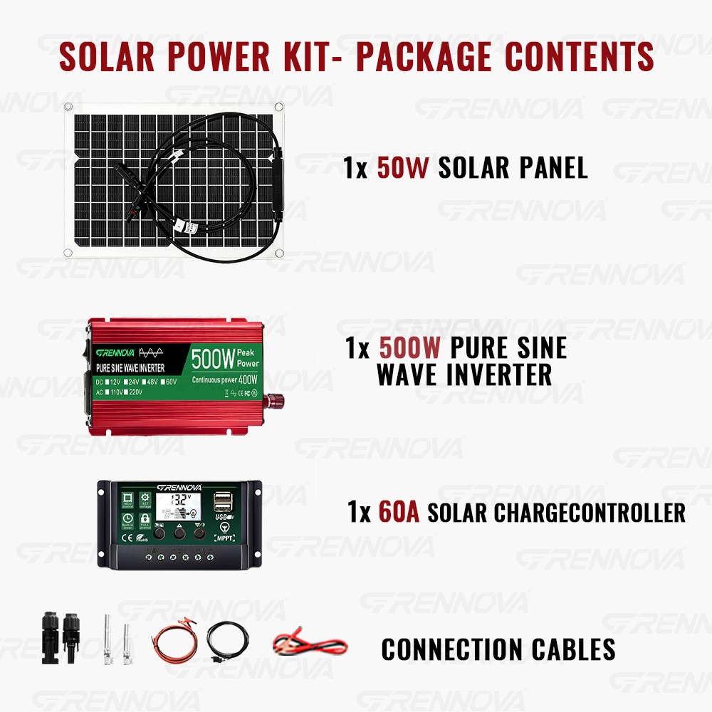 Grennova 500W Power Solar System Pure Sine 12V To 110V/220V Inverter 50W Panel