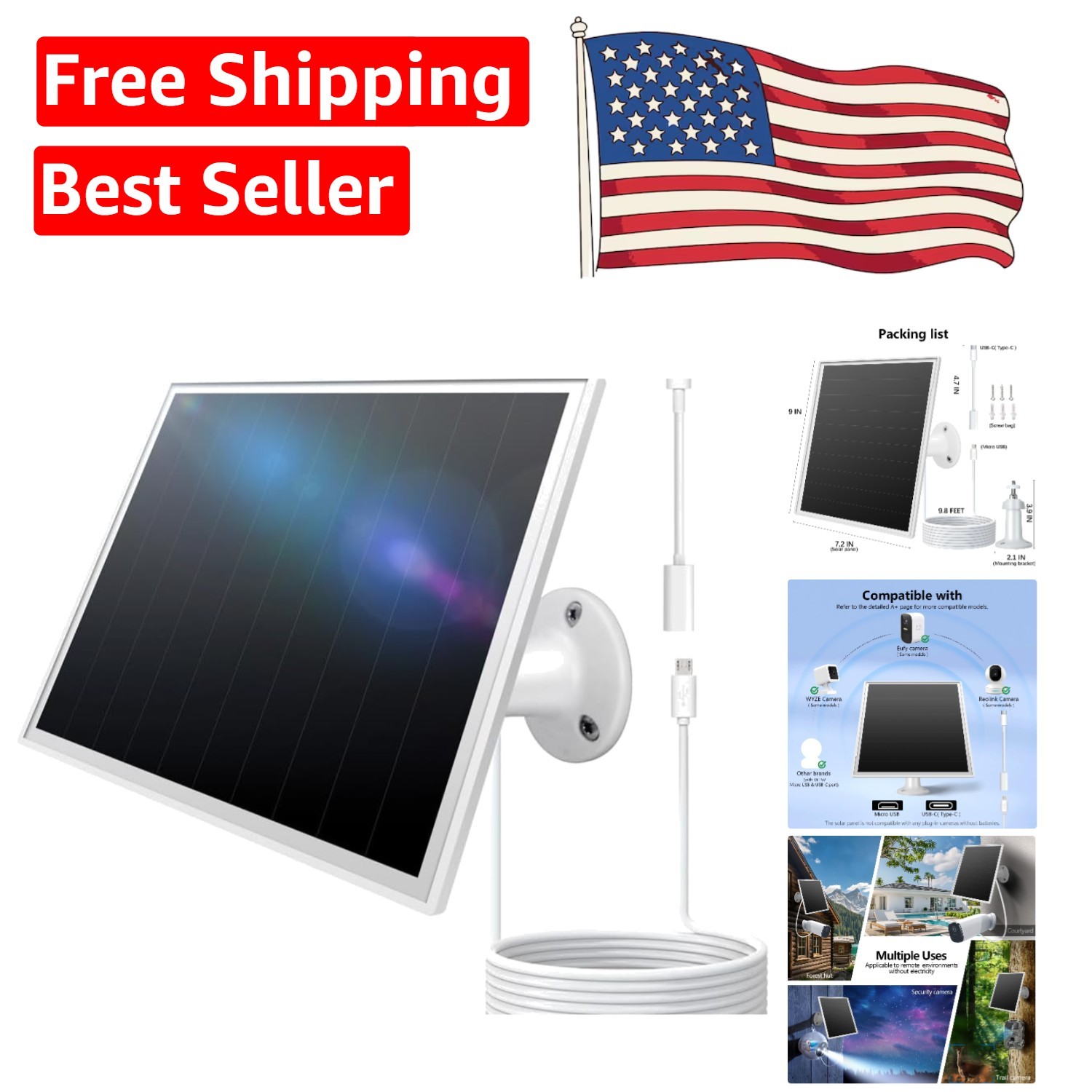 Fast Charging 8W Solar Panel for Outdoor Security – Micro USB & USB-C Compatible