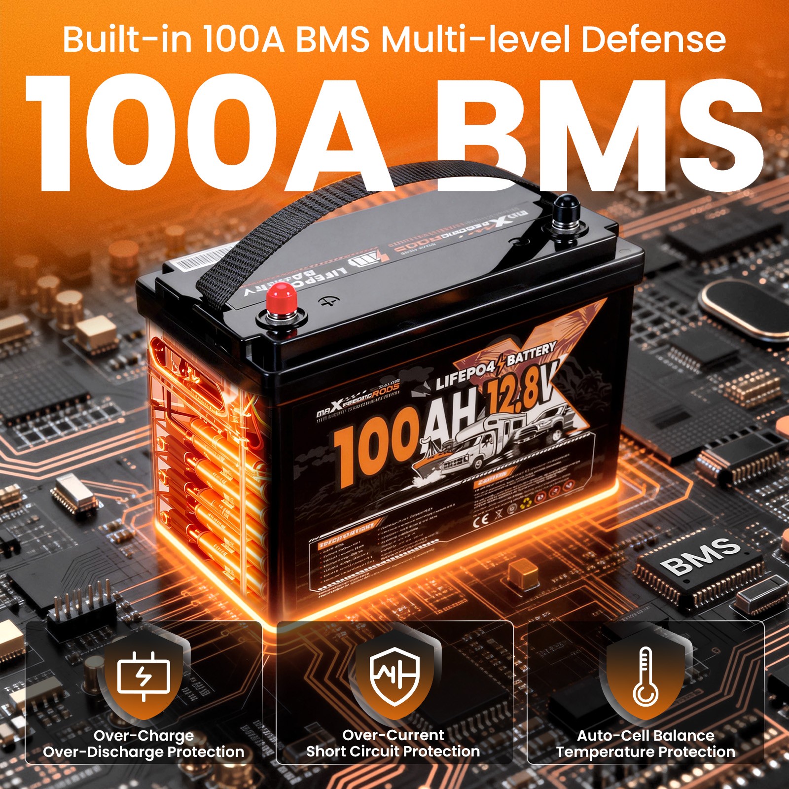 12V 100Ah LiFePO4 Lithium Battery fit for RV Marine Boat Low Temp Protection BMS