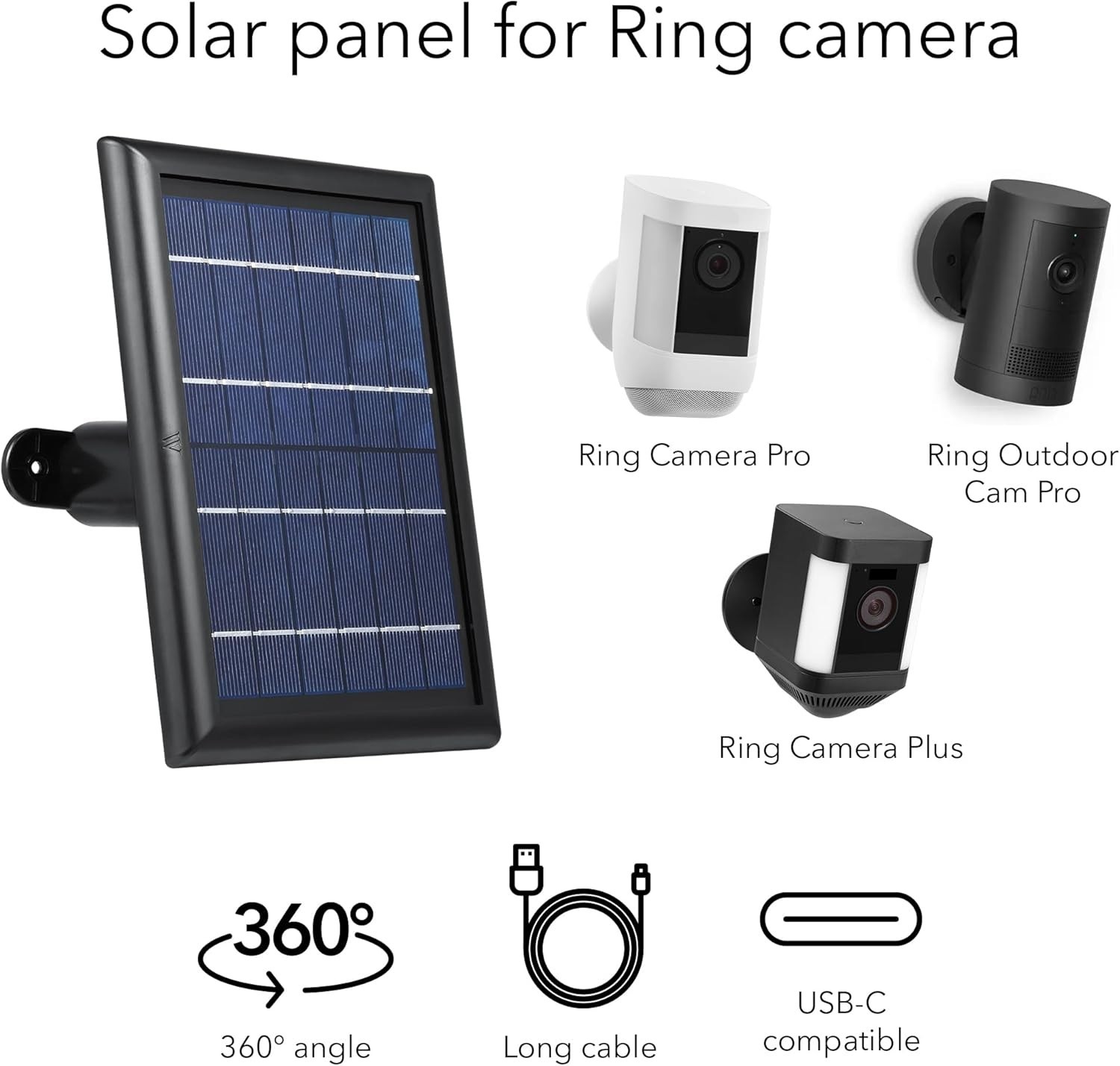 Easy Install Solar Panel for Ring Spotlight & Stick Up Cameras – 1-Pack, Black
