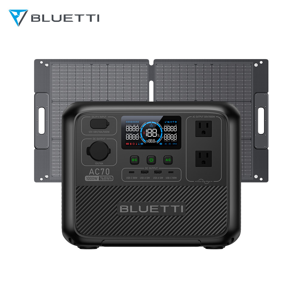BLUETTI Solar Generator AC70 768Wh 1000W Portable Power Station+100W Solar Panel