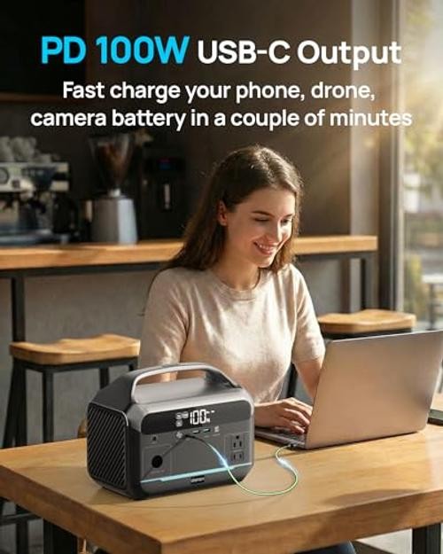 Portable Power Station 1200W Surge, 288Wh LiFePO4 Battery Solar Black